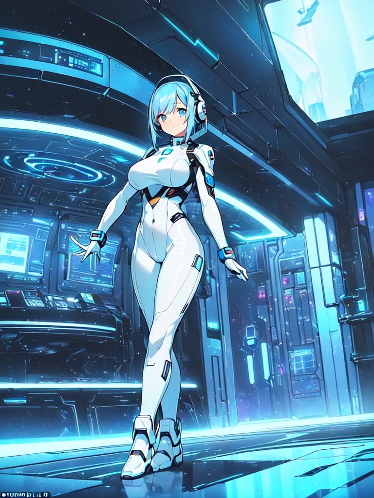 masterpiece:1.4, 1girl in ((20yr old, Wearing a futuristic white and silver costume, Tight Fit Bodysuit, long boots, Very gigantic-breasts, Colorful blue hair, a short bob, Perfect model body, Blue eyes:1.2, Wearing headphones, Looking out the window of the futuristic sci-fi space station、While admiring the beautiful galaxy:1.2, SFSF control room on night background:1.1, Neon and energetic atmosphere:1.2)) ((Galaxy))