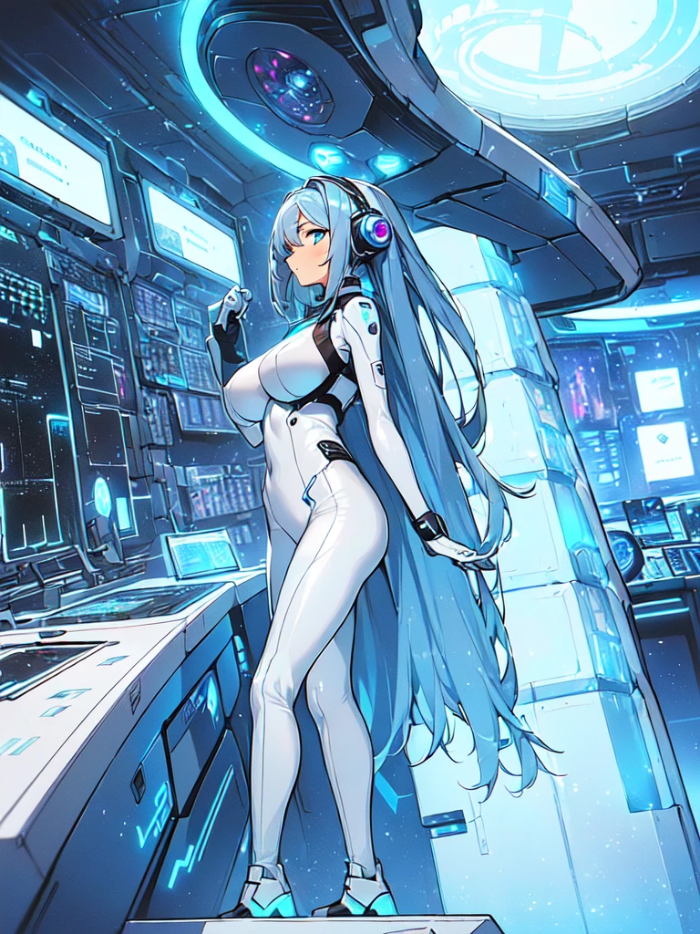 masterpiece:1.4, 1girl in ((20yr old, Wearing a futuristic white and silver costume, Tight Fit Bodysuit, long boots, Very gigantic-breasts, Colorful blue hair, a short bob, Perfect model body, Blue eyes:1.2, Wearing headphones, Looking out the window of the futuristic sci-fi space station、While admiring the beautiful galaxy:1.2, SFSF control room on night background:1.1, Neon and energetic atmosphere:1.2)) ((Galaxy))