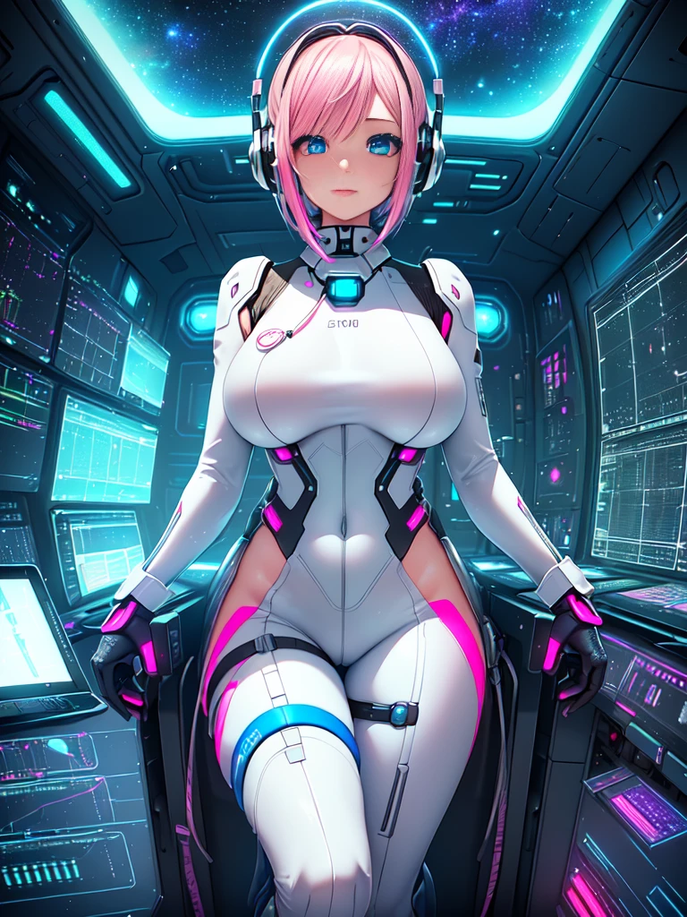 masterpiece:1.4, 1girl in ((20yr old, Wearing a futuristic white and silver costume, Tight Fit Bodysuit, long boots, Very gigantic-breasts, Multicolored pink hair, a short bob, Perfect model body, Blue eyes:1.2, Wearing headphones, Looking out the window of the futuristic sci-fi space station、While admiring the beautiful galaxy:1.2, SFSF control room on night background:1.1, Neon and energetic atmosphere:1.2)) ((Galaxy))