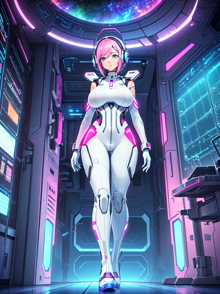 masterpiece:1.4, 1girl in ((20yr old, Wearing a futuristic white and silver costume, Tight Fit Bodysuit, long boots, Very gigantic-breasts, Multicolored pink hair, a short bob, Perfect model body, Blue eyes:1.2, Wearing headphones, Looking out the window of the futuristic sci-fi space station、While admiring the beautiful galaxy:1.2, SFSF control room on night background:1.1, Neon and energetic atmosphere:1.2)) ((Galaxy))