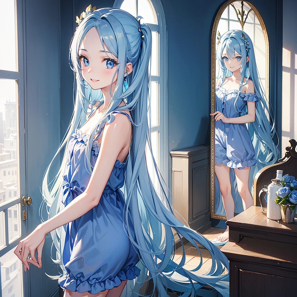 (a one blue long hair girl, forehead:0.7, detailed blue eyes:1.3, cute smile, in a cute pajamas), make hair beautiful, front of mirror, in the bedroom, inthe morning. masterpiece, beautiful detailed glow.