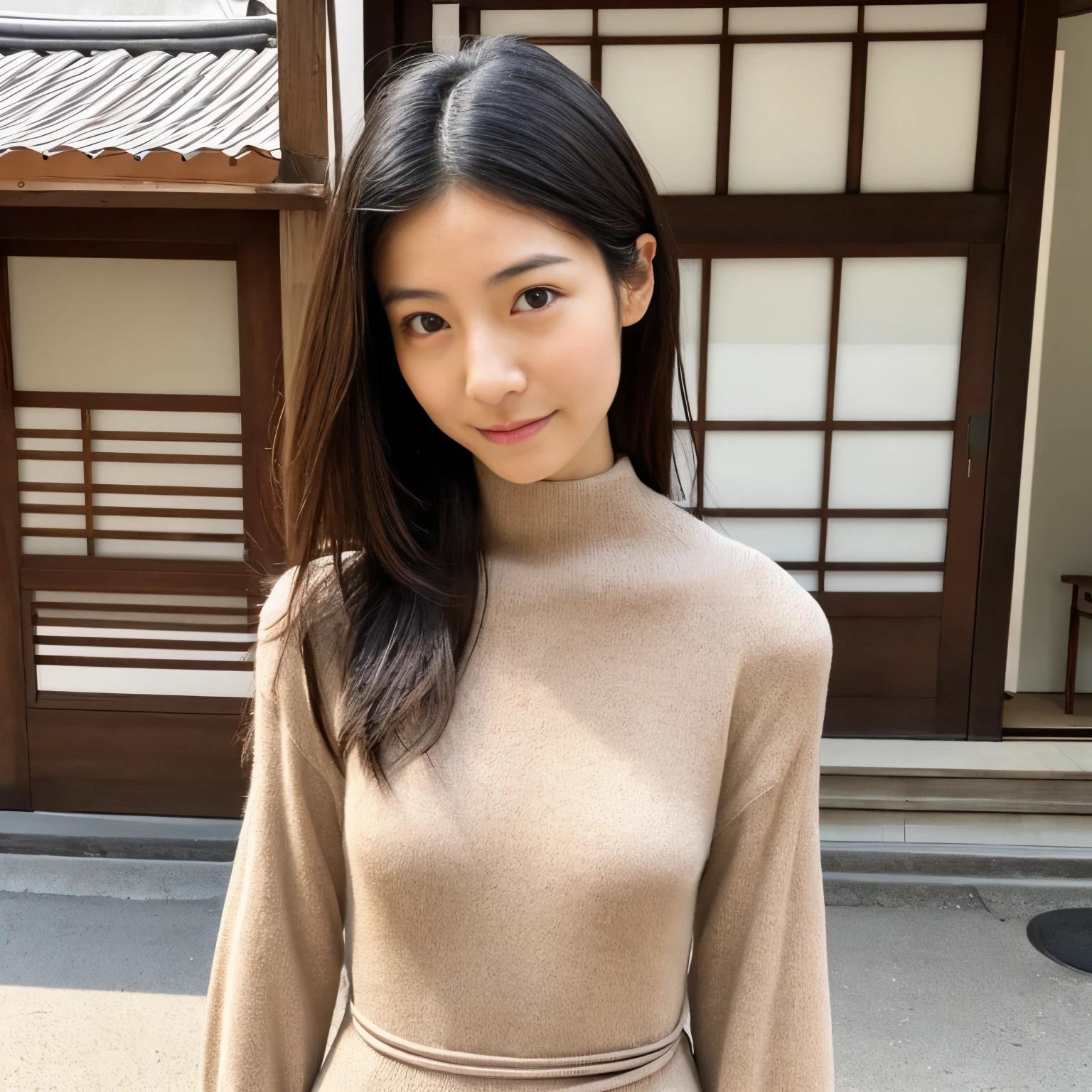 Japanese lady, 40 years old, cute face, posing to viewer, solo:1, in Kyoto, random background, random pose, long hair, skinny figure, emphasize very small breasts, emphasize very skinny waist, lovely body line, wearing a tight knit dress with random design