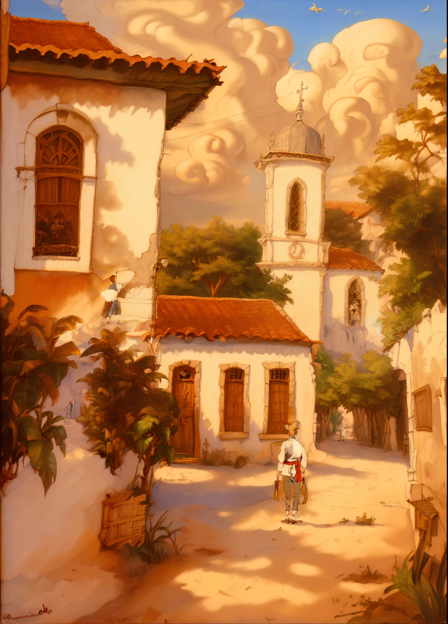 pintura de um homem andando por uma rua passando por uma igreja, Directed by: Osvaldo Romberg, Directed by: Nandor Soldier, oil on the canvas, Directed by: Candido Bido, inspirado em Osvaldo Romberg, Rua da Era Colonial, Directed by: Herbert MacNair, Directed by: Leo Valledor, by Rodolfo Amoedo, pintura colchianos, salvador