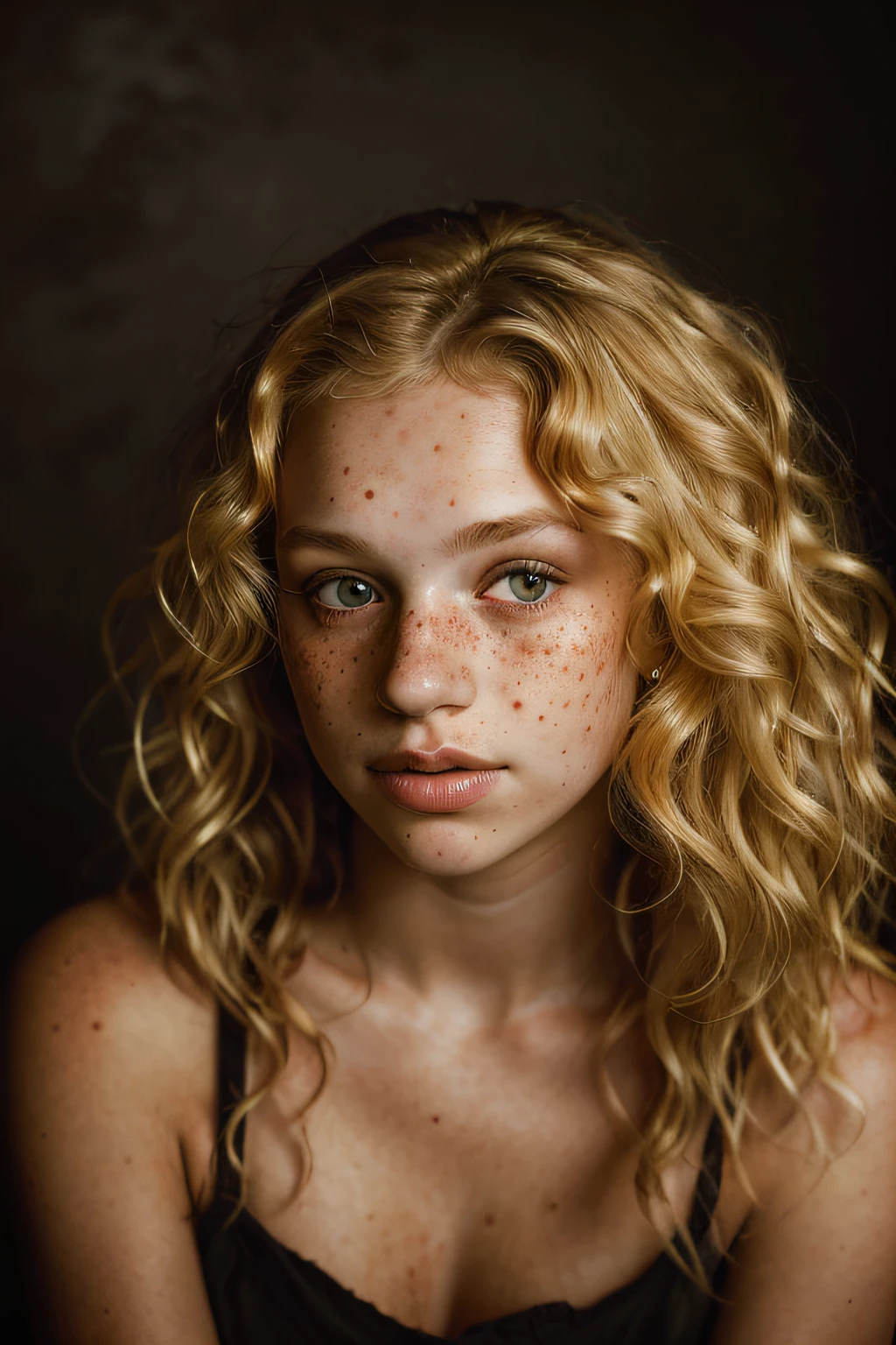 a photo portrait of a beautiful girl with curls and lots of freckles, (dirty blonde hair:1.10), (face portrait:1.5), dramatic light, Rembrandt lighting scheme