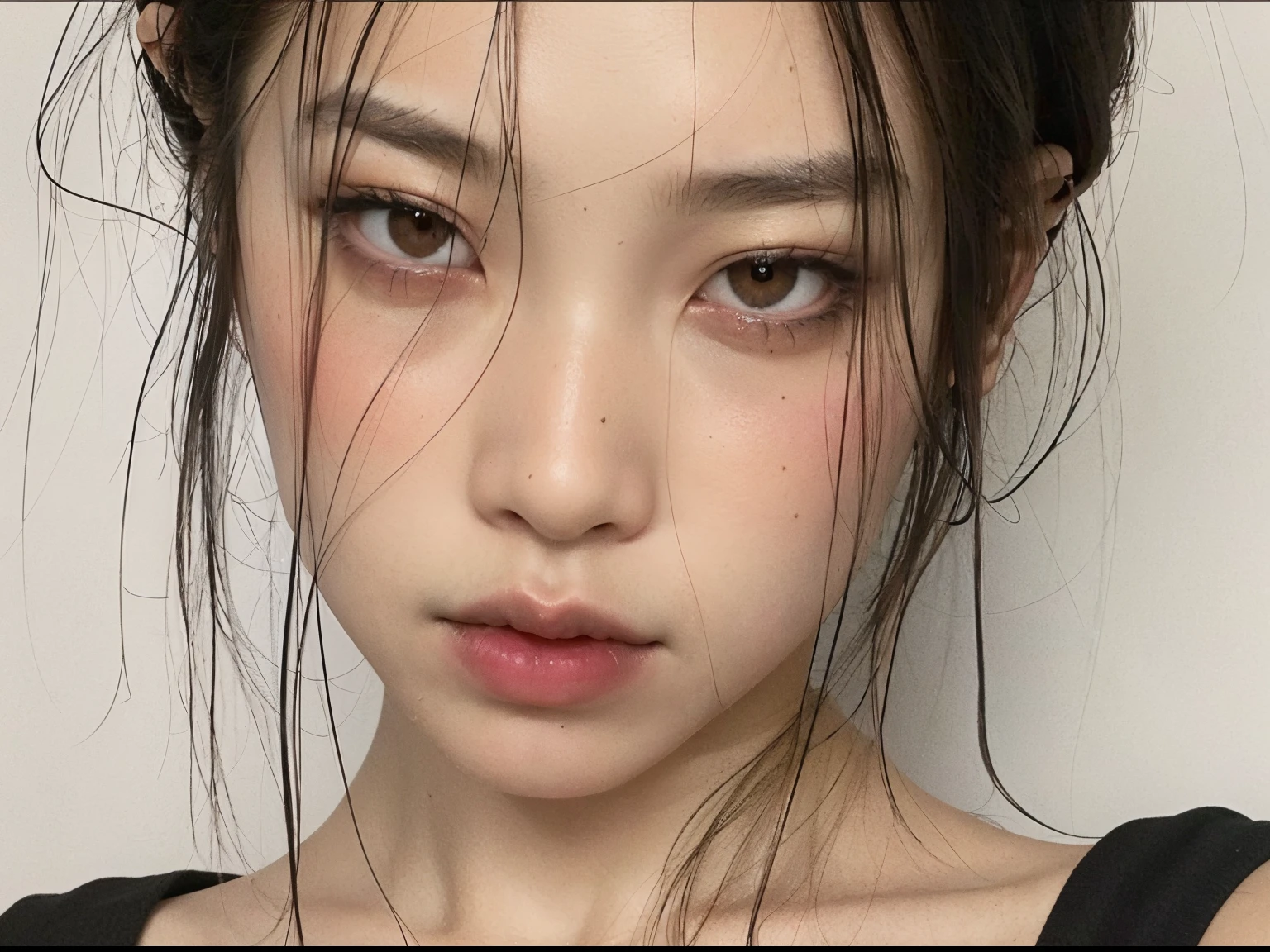 there is a woman with a black top and a black top, beautiful aesthetic face, pale round face, korean face features, olhos vermelhos e um rosto magro, detailed face of a asian girl, facial aesthetics, Asian face, com rosto redondo, 🤤 retrato da menina, Ulzzang, rosto redondo macio, korean symmetrical face, south east asian with round face