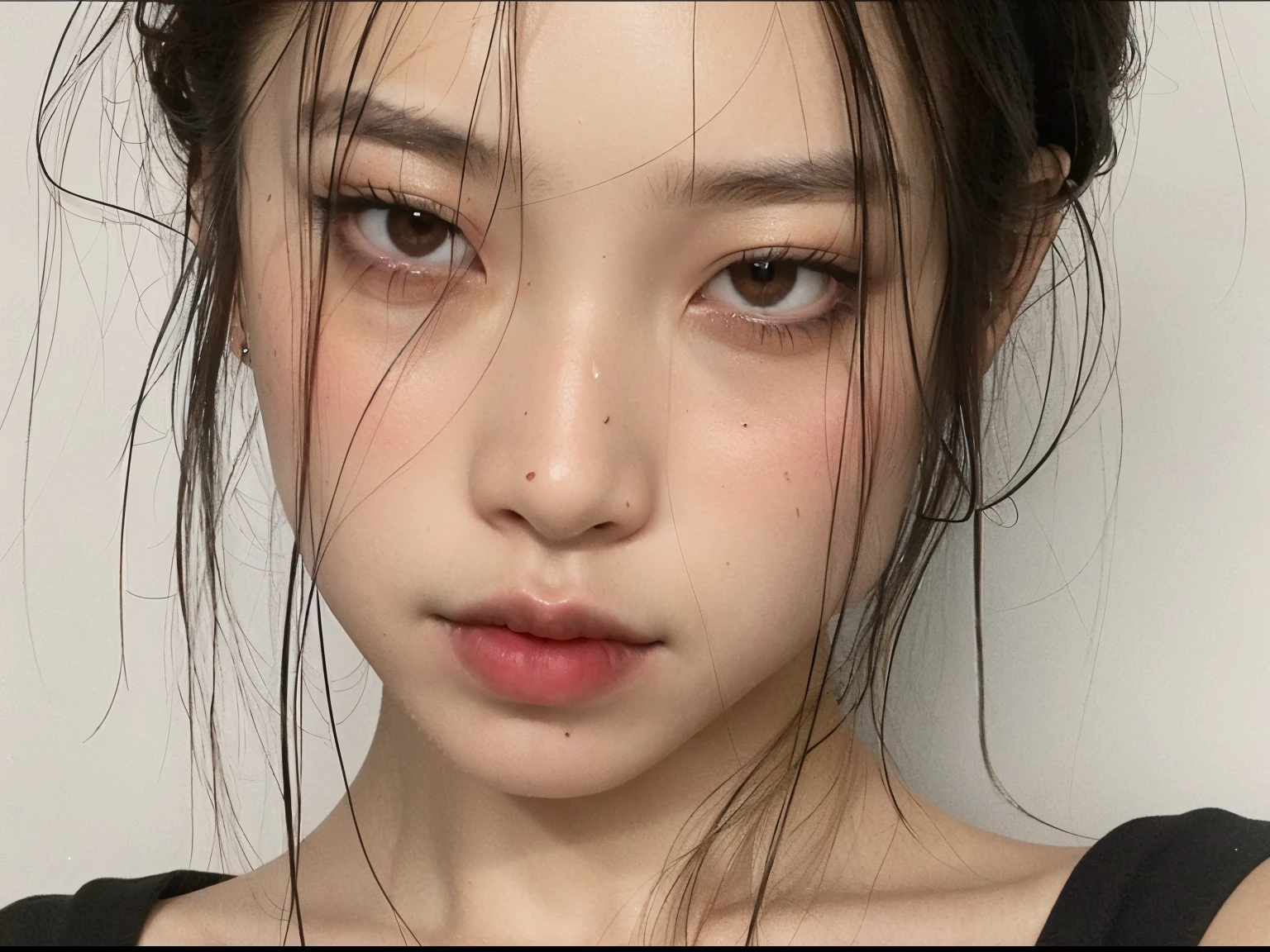 there is a woman with a black top and a black top, beautiful aesthetic face, pale round face, korean face features, olhos vermelhos e um rosto magro, detailed face of a asian girl, facial aesthetics, Asian face, com rosto redondo, 🤤 retrato da menina, Ulzzang, rosto redondo macio, korean symmetrical face, south east asian with round face