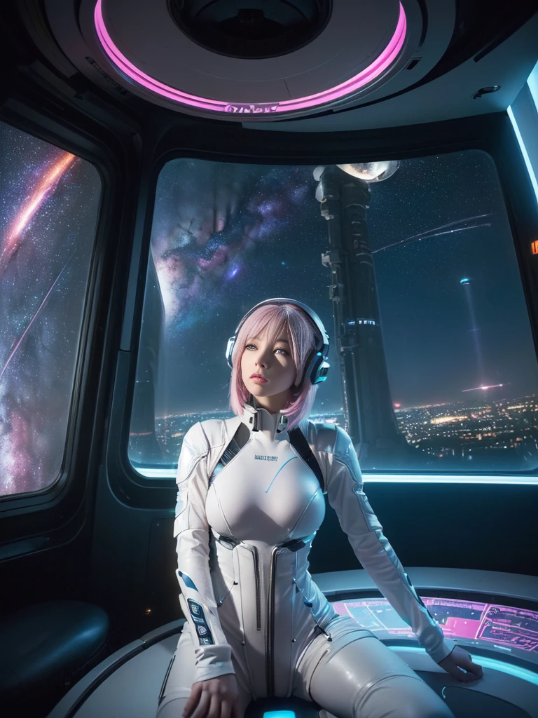 masterpiece:1.4, 1girl in ((20yr old, Wearing a futuristic white and silver costume, Tight Fit Bodysuit, long boots, Very gigantic-breasts, Multicolored pink hair, a short bob, Perfect model body, Blue eyes:1.2, Wearing headphones, Looking out the window of the futuristic sci-fi space station、While admiring the beautiful galaxy:1.2, SFSF control room on night background:1.1, Neon and energetic atmosphere:1.2)) ((Galaxy))