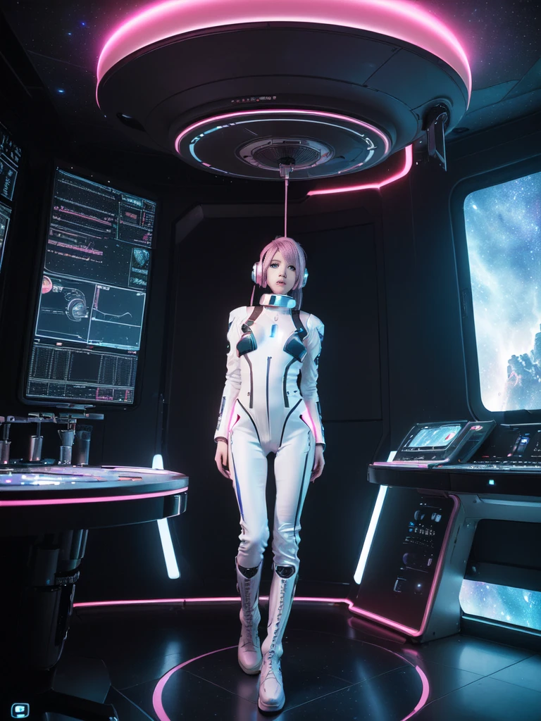 masterpiece:1.4, 1girl in ((20yr old, Wearing a futuristic white and silver costume, Tight Fit Bodysuit, long boots, Very gigantic-breasts, Multicolored pink hair, a short bob, Perfect model body, Blue eyes:1.2, Wearing headphones, Looking out the window of the futuristic sci-fi space station、While admiring the beautiful galaxy:1.2, SFSF control room on night background:1.1, Neon and energetic atmosphere:1.2)) ((Galaxy))