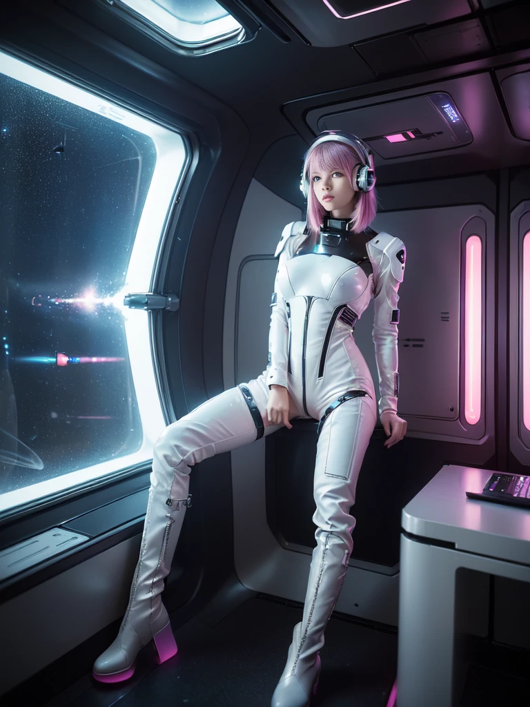 masterpiece:1.4, 1girl in ((20yr old, Wearing a futuristic white and silver costume, Tight Fit Bodysuit, long boots, Very gigantic-breasts, Multicolored pink hair, a short bob, Perfect model body, Blue eyes:1.2, Wearing headphones, Looking out the window of the futuristic sci-fi space station、While admiring the beautiful galaxy:1.2, SFSF control room on night background:1.1, Neon and energetic atmosphere:1.2)) ((Galaxy))