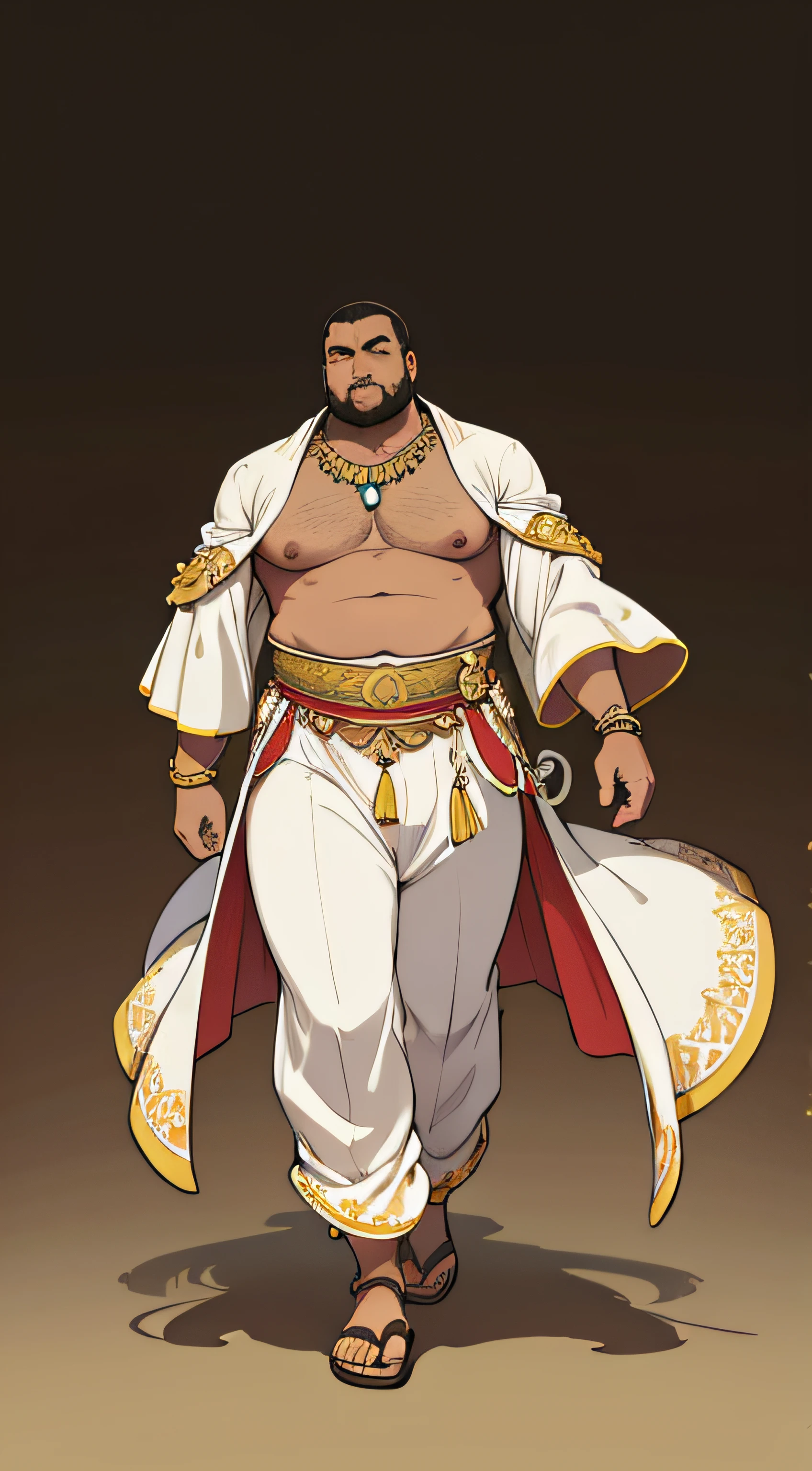 no background, fat body, walking, brown skin, tall, fat, man, big sleeve, robe, tunic, ornate clothes, harem pants, sandals, jewelry, bracelets, rings, empty background