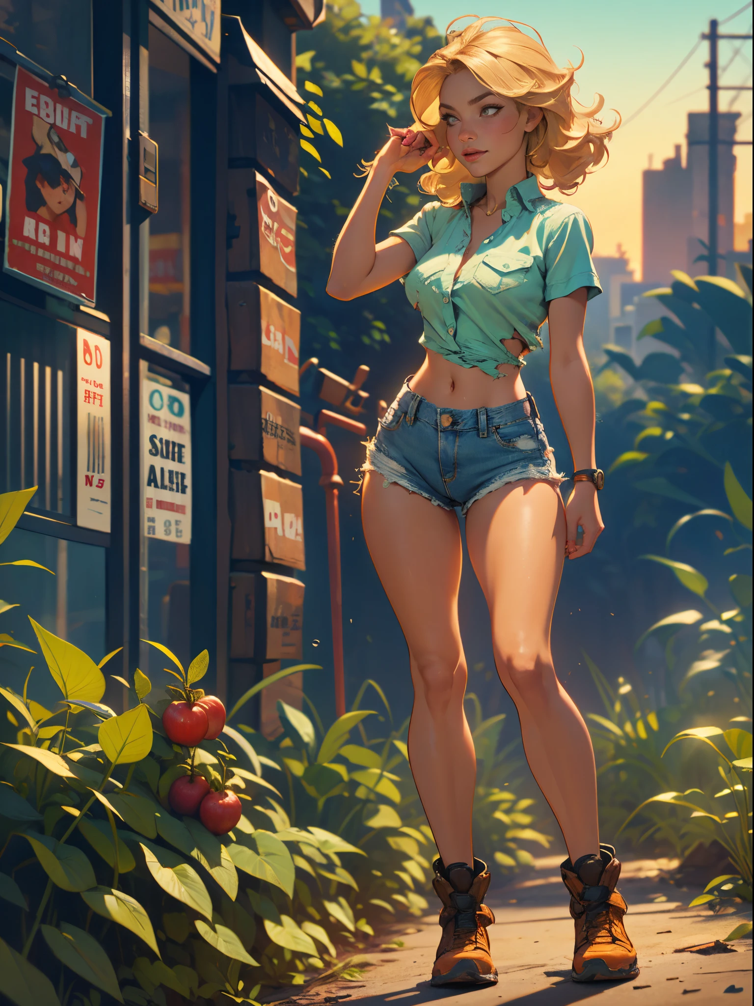 2076 year. The Urban Ruins of the Wasteland, Female huntress picking fruit in the garden, beautiful face, blonde, badly torn shirt and denim shorts , long legs, sweating through, sun rising, Nice warm colors, head to toe, full body shot, pretty hands, perfect fingers,