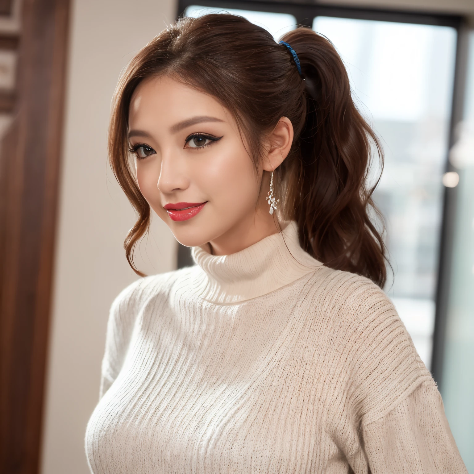 ((Best Quality, masutepiece, 超A high resolution、The most complex and detailed depictions))、(Very bright daylight white lighting:1.1)、Woman in turtleneck sweater、beatiful detailed eyes、(Long wavy ponytail:1.3), (precise wave ponytail:1.5)、Color Contacts、Perfect makeup、long eyelashes、lipsticks、highly saturated eyeshadow、Tight knitwear、Perfect fit、Emphasize body lines、(large full breasts:1.1)、turtle neck、细致背景, Look at viewers, ((profile、turned around、shot of her from below、smile looking at me))、the best smile when you look at me、Knitted dresses、The background is the interior of a large shopping mall...、cowboy shot、(precise knit:1.5)
