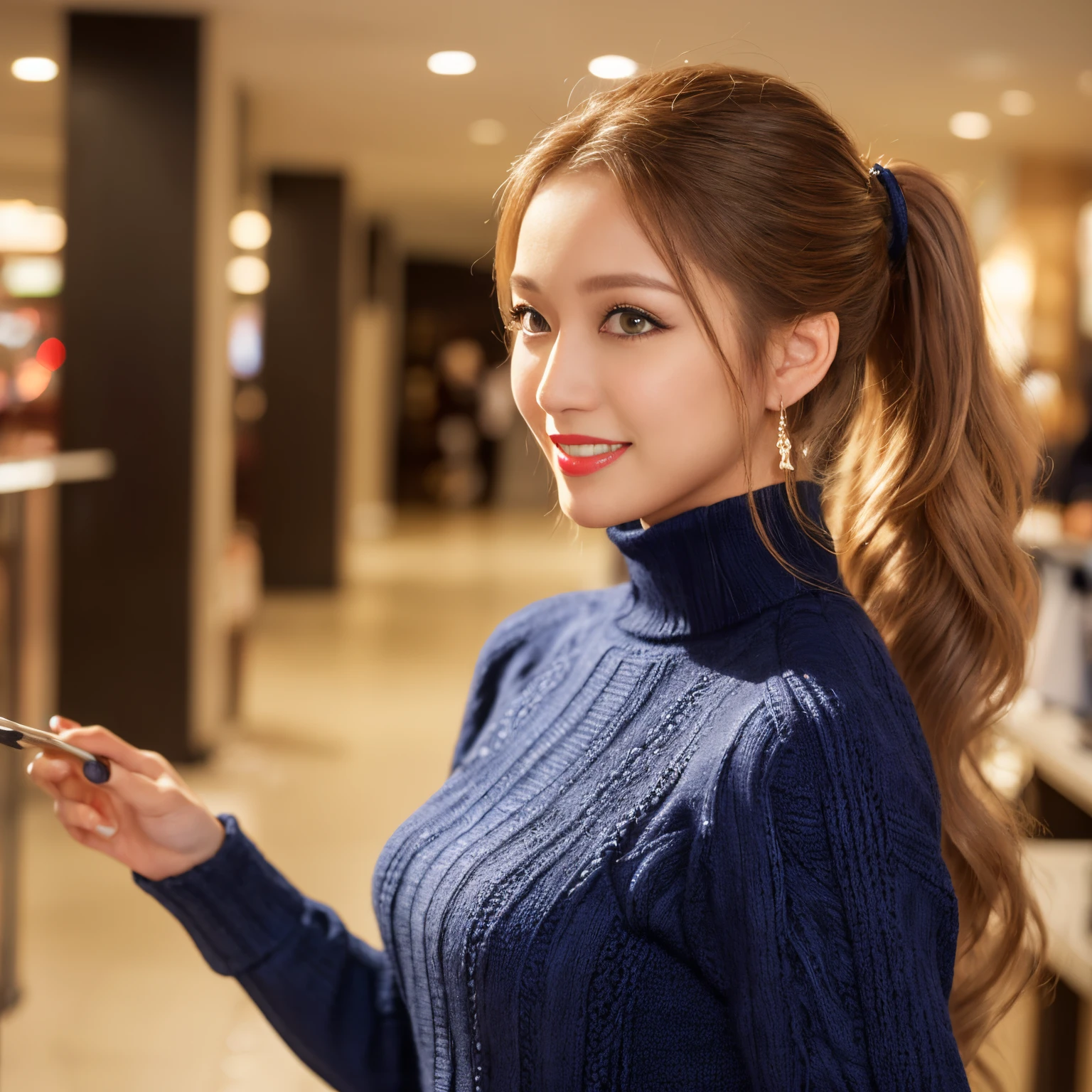 ((Best Quality, masutepiece, 超A high resolution、The most complex and detailed depictions))、(Very bright daylight white lighting:1.1)、Woman in turtleneck sweater、beatiful detailed eyes、(Long wavy ponytail:1.3), (precise wave ponytail:1.5)、Color Contacts、Perfect makeup、long eyelashes、lipsticks、highly saturated eyeshadow、Tight knitwear、Perfect fit、Emphasize body lines、(large full breasts:1.1)、turtle neck、细致背景, Look at viewers, ((profile、turned around、shot of her from below、smile looking at me))、the best smile when you look at me、Knitted dresses、The background is the interior of a large shopping mall...、cowboy shot、(precise knit:1.5)