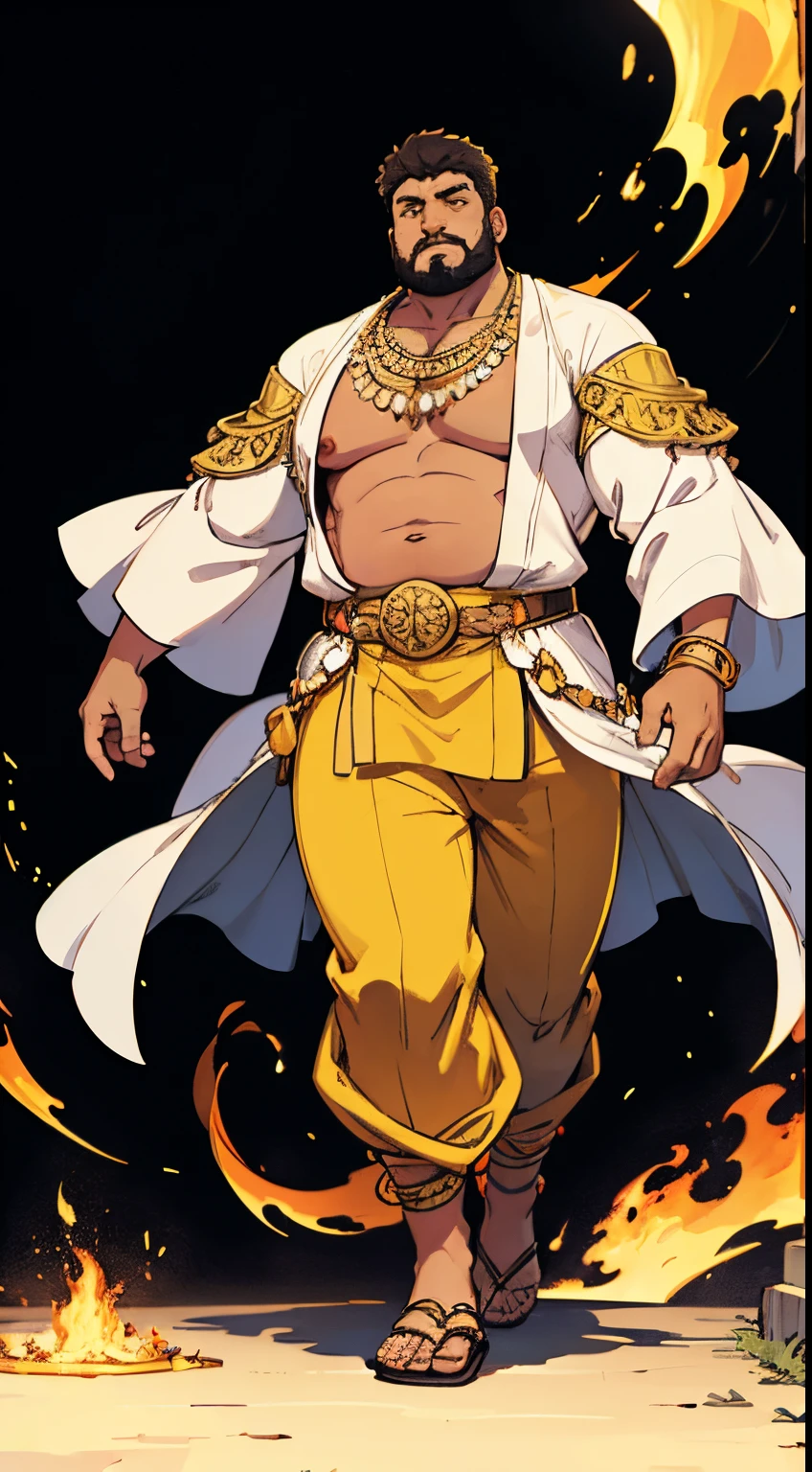 king, walking, brown skin, tall, fat, man, tunic, robes, big belly, strong, harem pants, sandals
