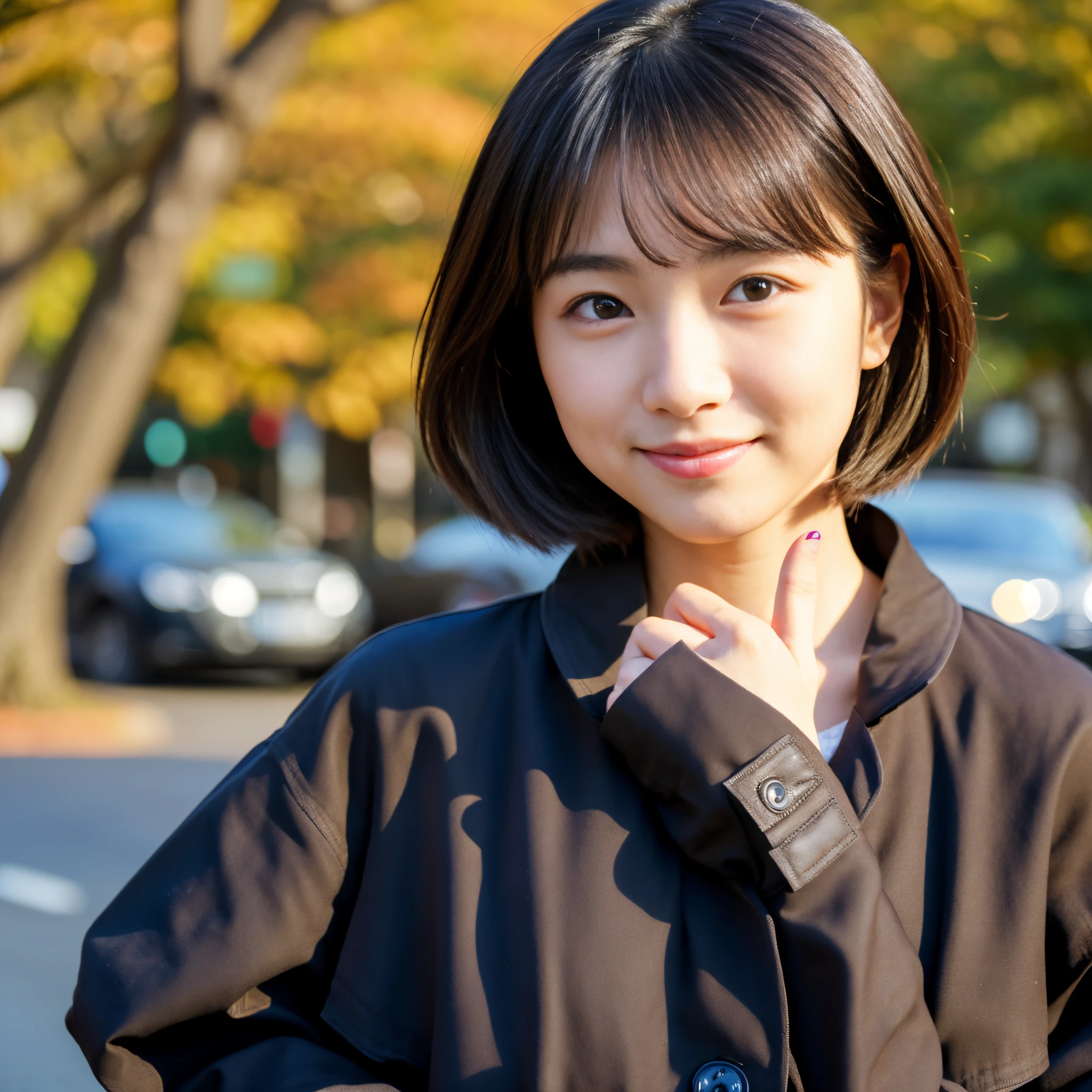 Best-quality, Masterpiece, Ultra-High-Resolution, (Photorealistic:1.4), Raw-Photo, Extremely-Details, Perfect-Anatomy,
at noon, on Japanese autumn street,
1girl, -yeld, thost famous Japanese idol, face focus, close-up, innocent smile,
(extremely beautiful black short-cut-haired, extremely cute face like a most popular Japanese idol, extremely beautiful big black solid circle eyes), extremely beautiful skins,
((((wearing trench-coat)))),
detailed face, detailed eyes, detailed hair, detailed white skins, detailed trench-coat