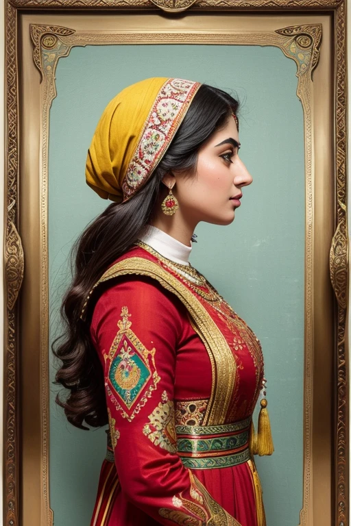 ((sideview)) , Persian Qajar period woman , ((20 years old)) ,   in traditional yellow and red clothes include (((fish pattern on textile)))  , background contains painting of(( nightingale))  among orchid and tulip flowers, floral frame , ((perfect rectangular frame))