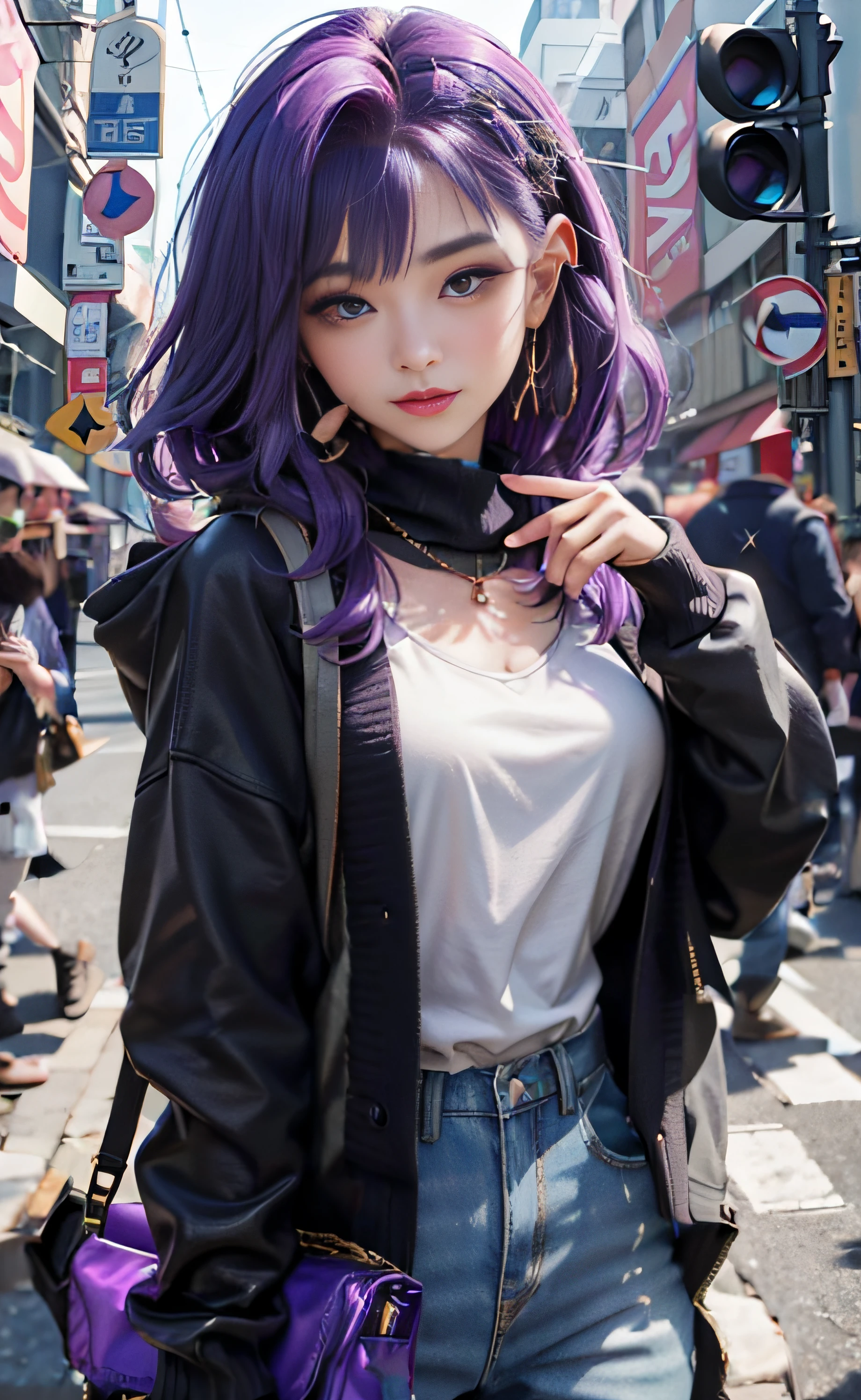 beautiful European idol girl, her face visible, taken with Sony A1, 85mm F/1. 4 ISO 100, medium format, 45 megapixels, casual clothes, baggy clothes covering the body, super large clothes modestly covering the body, small chest, front of the body covered by a thick and large purple sweater, sweater covering