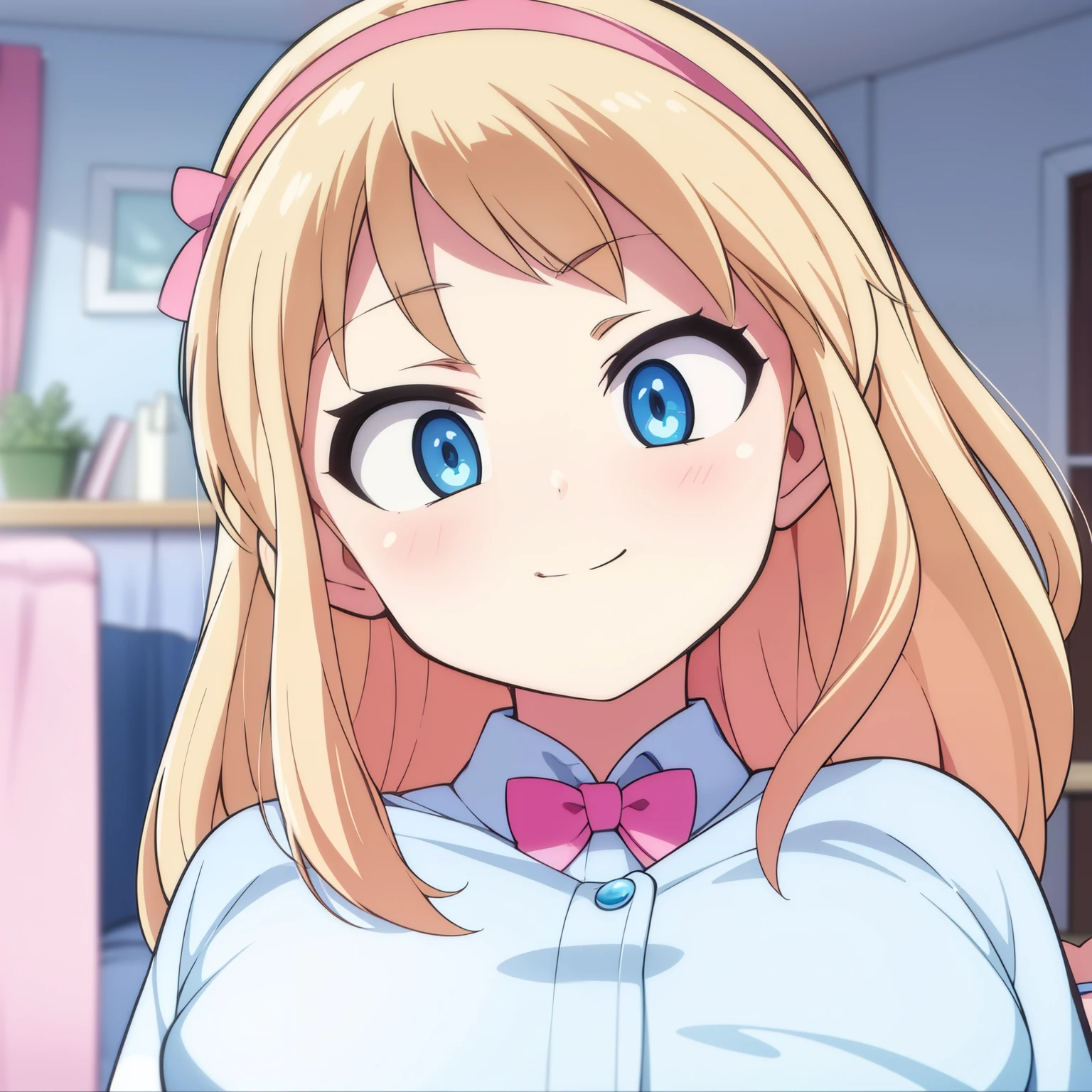 hiquality, tmasterpiece (one girls) . blonde woman. blue eyes. white  shirt. ssmile. Pink Bow. pink ribbon on hair. In the background is a room with a nightstand and a bed with a window.................