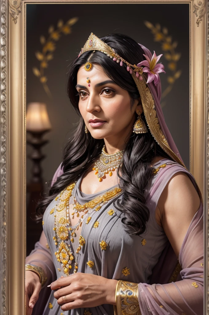 Persian Qajar period woman , ((50 years old)) , heavy wrinkle on face , (gray and dark hair) , ((detailed face)) , 4k , cinematic , soft light , in traditional pink dress , yellow scarf , fish pattern on dress , background contains painting of birds among lily and tulip flowers, floral frame , ((perfect rectangular frame))