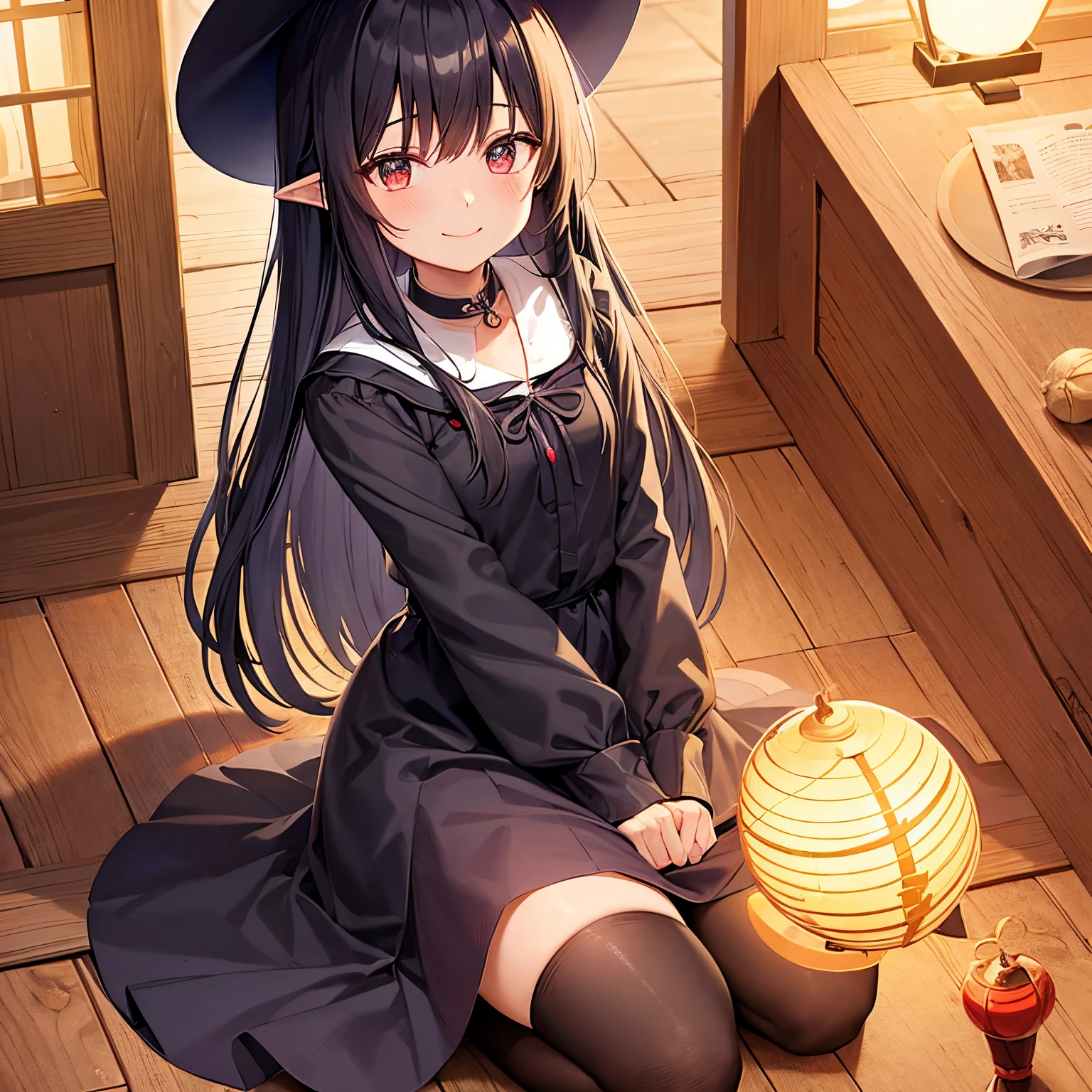 Witch girl、a smile、natta、In front of the shrine、Shrine precincts、lantern、Black hair long hair、straight haired、Mini skirt、starrysky、lamp lights、
