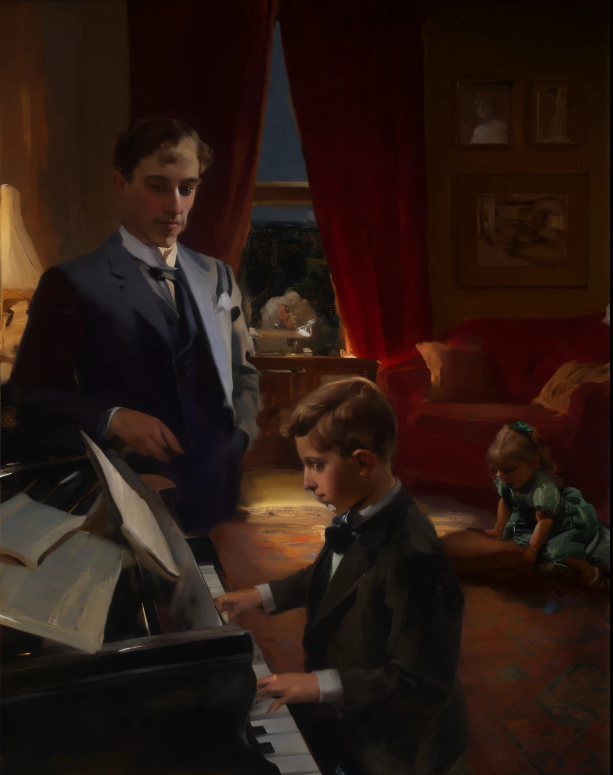 (masterpiece), A boy plays piano, A happy brown-haired caucasian 40-year-old male music teacher standing and watching a teenage brown-haired boy play piano in a 1915 Manhattan apartment while a 2-year blongirl plays on a Persian rug on the floor, dramatic rim lighting, ultra-high resolution, full-length body, an unsurpassed masterpiece, a perfect work of art, realistic painting, oil paint, the best quality, High background detail, painterly drawing, Rows of benches, Low contrast, extremely detailed face, (ideal face: 1.5), Essence, Softness of light, candles, art by Vasily Pukirev and John Singer Sargent and Gustave Courbet and Ilya Repin