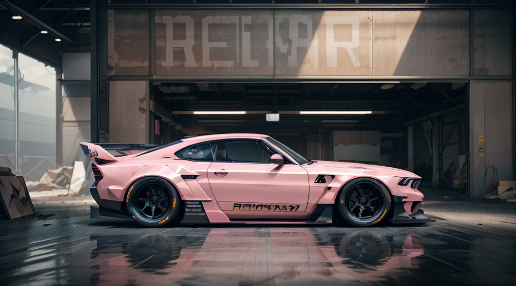 Supercar concept art((pastel pink, Matte black paintwork)), jonsibal design works, hycode cars body kit, creatively inspired by race games like Forza horizon, gran Turismo and Asphalt 9: legends visual aesthetic, trending hodoor, cars coops, moparinsider, and artstation, cgsociety, side angle shot, custom design build, cinematic composition, HDR studio light, sharp details, sleek yet industrial, shipping yard environment, crisp, accurate, meticulous, assaul vehicle, military grade, 3ds max, corona render, sharp, focus, menacing look, large rear spoiler, high performance enhanced exhaust system, ((liberty walk body kit)); photo realistic, insanely detailed, ray tracing, subsurface scattering 8k, ((parked in an abandoned warehouse, derelict and lifeless space)), directional lighting, hazy and atmospheric, ominous, stealth built, highly detailed racing interior,(a collaboration by fictional robotics companies Wallace Corporation, cyberdine systems, RDA and hanka robotics), 8k
