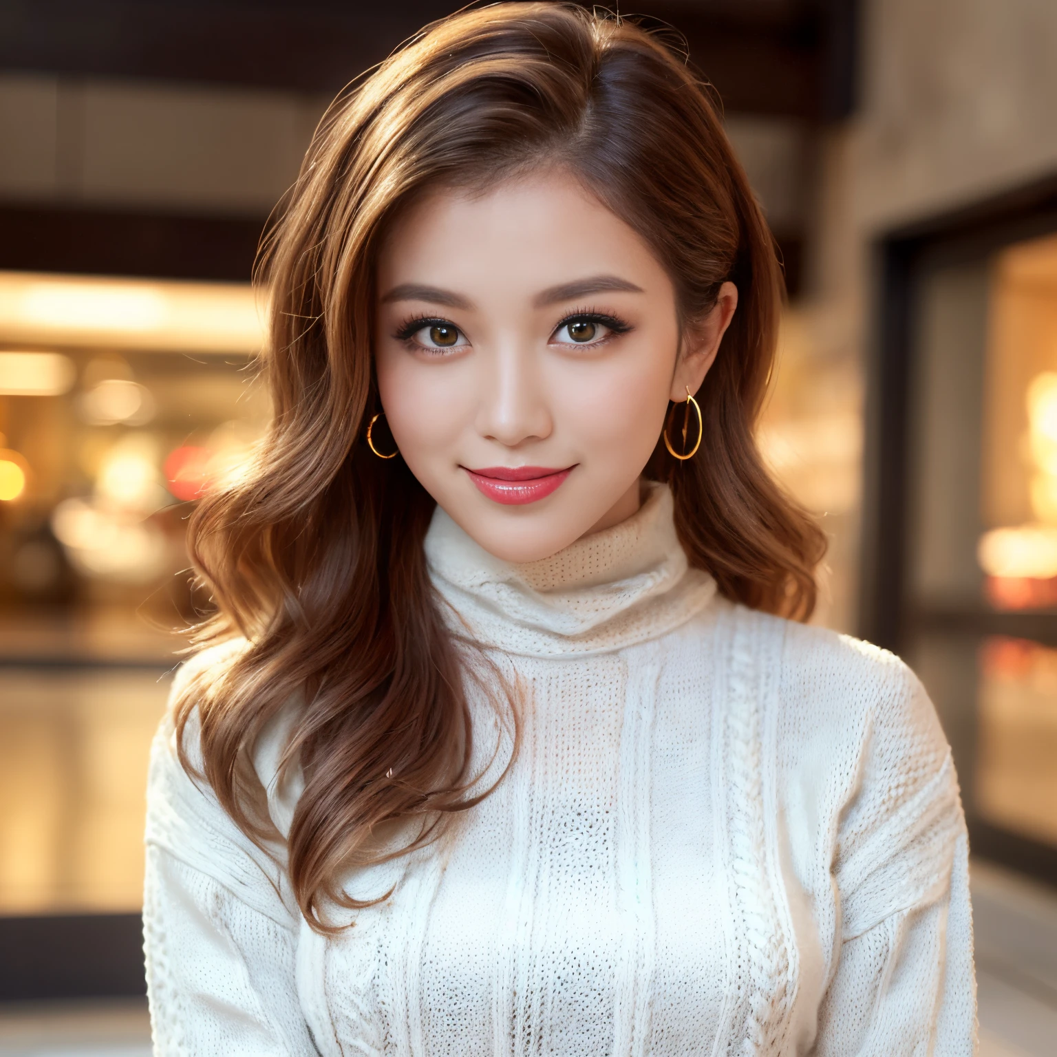 ((Best Quality, masutepiece, 超A high resolution、The most complex and detailed depictions))、(Very bright daylight white lighting:1.1)、Woman in turtleneck sweater、beatiful detailed eyes、(Long wavy ponytail:1.3), (precise wave ponytail:1.5)、Color Contacts、Perfect makeup、long eyelashes、lipsticks、highly saturated eyeshadow、Tight knitwear、Perfect fit、Emphasize body lines、(large full breasts:1.1)、turtle neck、细致背景, Look at viewers, ((profile、turned around、shot of her from below、Look at me and smile))、the best smile when you look at me、Knitted dresses、The background is the interior of a large shopping mall....、cowboy shot、(precision knit:1.5)