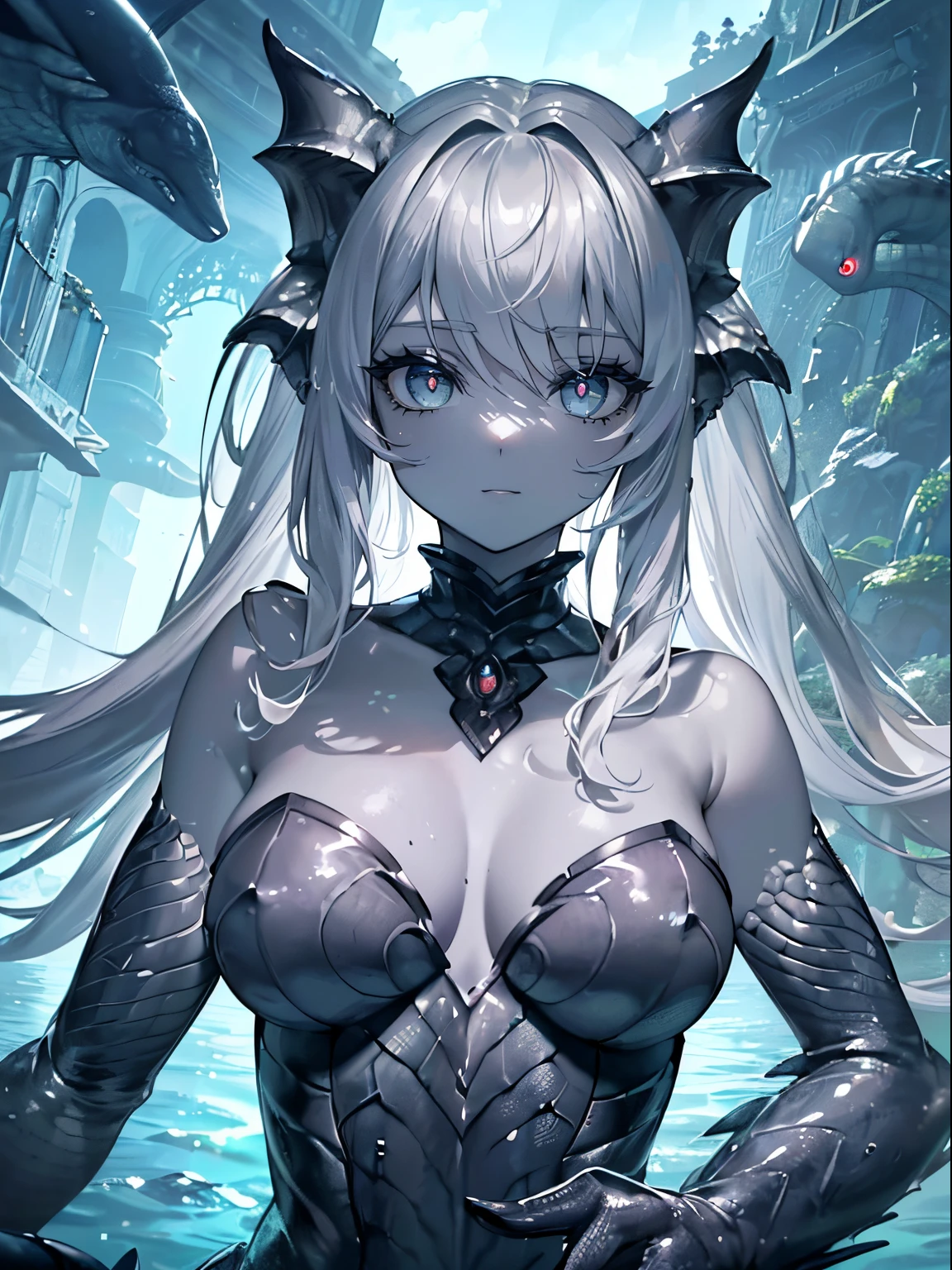 (masterpiece,best quality,ultra-detailed),1girl, (beautifullyy detailed face, cute face), ((greyish colors,hight contrast)), ((random monster girl, random animal features, random body type)), monster girl,(grey theme),(((aquatic monster girl))),(ocean deep),dark ambient,(lovecraftian monster girl),(aquarrelle)