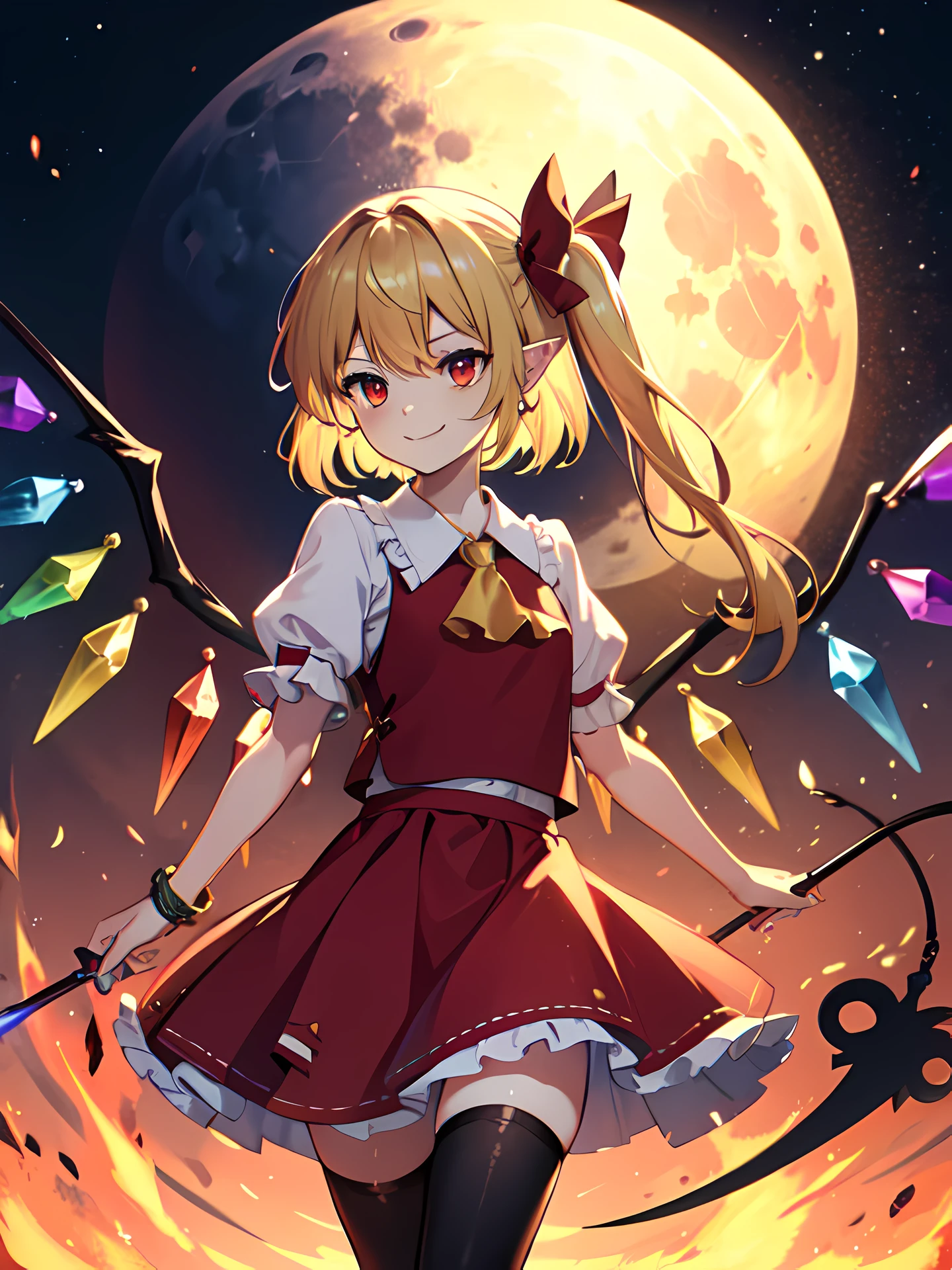 Flandre Scarlet, jewelry wing, red fullmoon, Pointed ears, short ears, Bold smile,  Fire Sword, Levatin