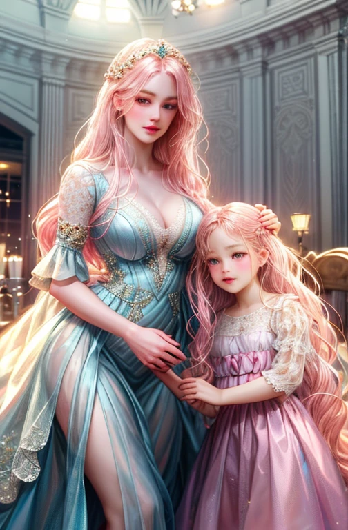 ( High quality , ultra detailed, careful with hand )Zodiac - Pisces goddess , similar to latin goodness . Sensible, placid, easygoing warm-hearted face . Dreamy, obsessive, restless, lack of self-confidence. style . Dark pink eyes (eyes detail) , light pink hair , long wavy hair, transparent dress , in the ballroom with partner . Height difference . Partner has blonde hair , whole body , light make up look , she and her