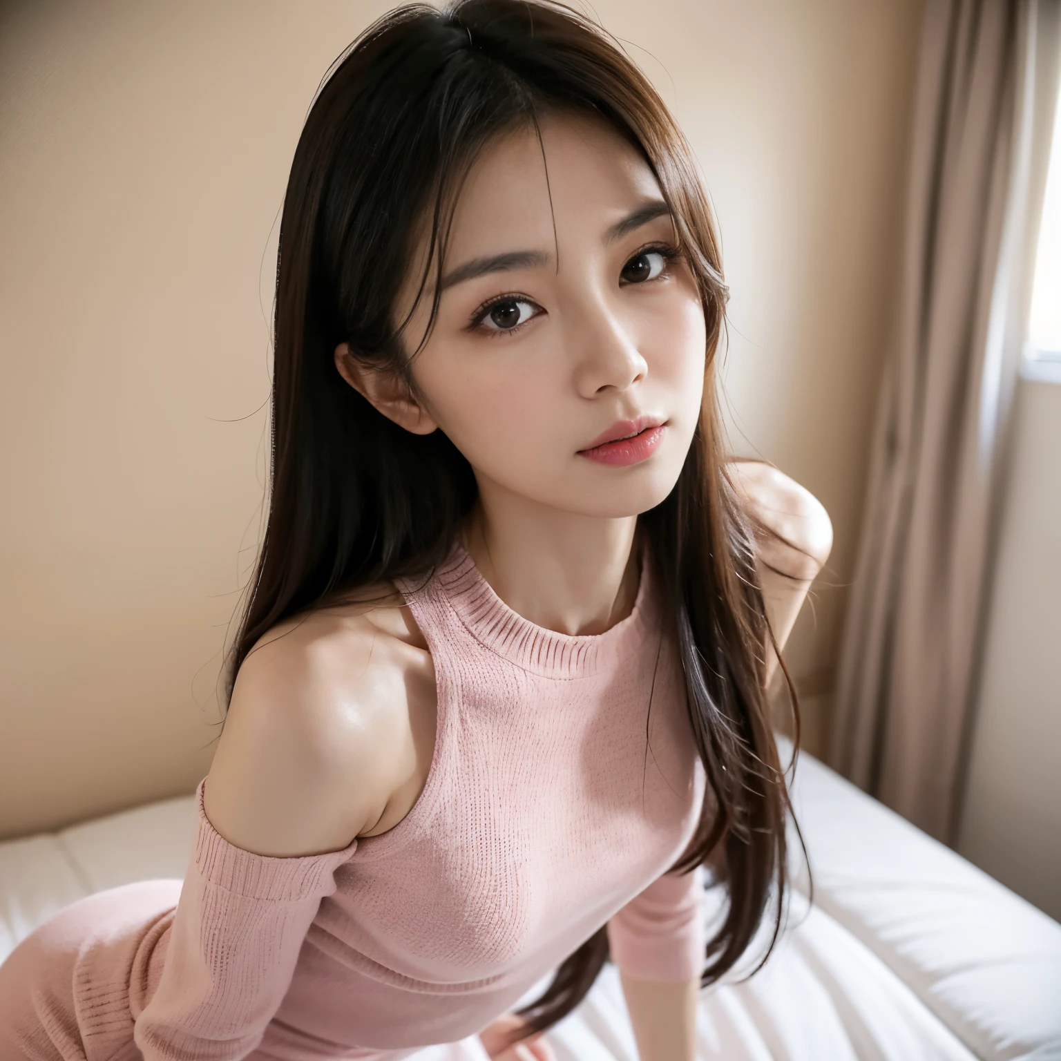 Japanese lady, 40 years old, cute face, random facial expression, random posing to viewer, solo:1, in a bed room, random background, long hair, skinny figure, emphasize very small breasts, emphasize very skinny waist, lovely body line, wearing a tight knit dress with random design