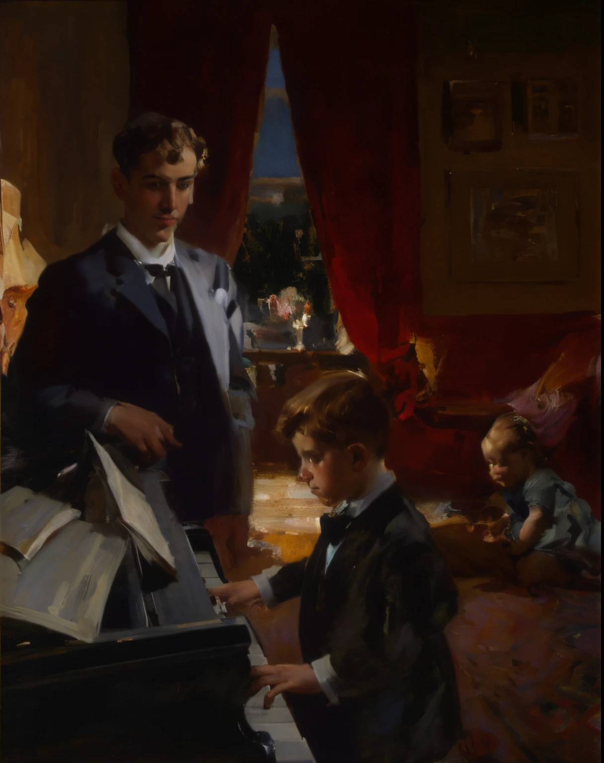 (masterpiece), A teen boy plays piano, A happy brown-haired caucasian 40-year-old male music teacher standing and watching a teenage brown-haired boy play piano in a 1915 Manhattan apartment while a 2-year-old blonde girl plays on a Persian rug on the floor, dramatic rim lighting, ultra-high resolution, full-length body, an unsurpassed masterpiece, a perfect work of art, realistic painting, oil paint, the best quality, High background detail, painterly drawing, Rows of benches, Low contrast, extremely detailed face, (ideal face: 1.5), Essence, Softness of light, candles, art by Vasily Pukirev and John Singer Sargent and Gustave Courbet and Ilya Repin