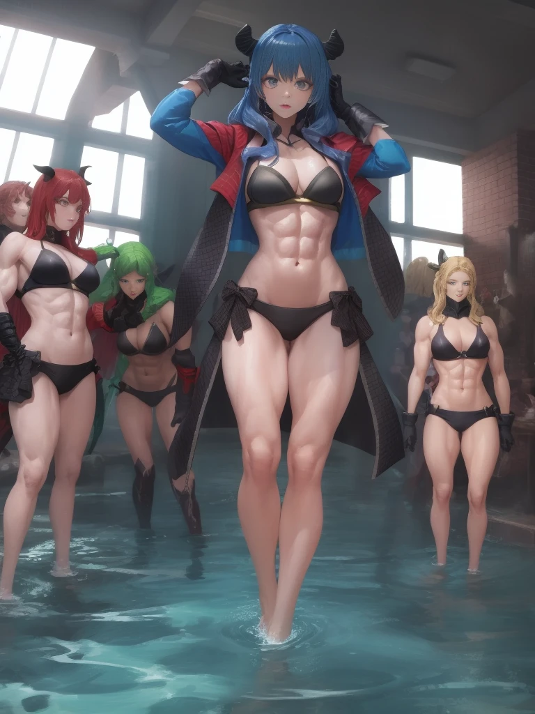 Slime girl She-Venom coming out of water, ripped muscles, abs