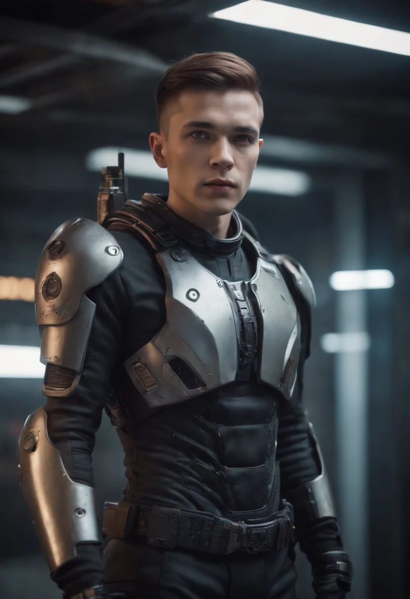 Realistic, Create a humanoid male portrait, In a cyber-punk style, Futuristic armor with details, High quality, 4K, 8K