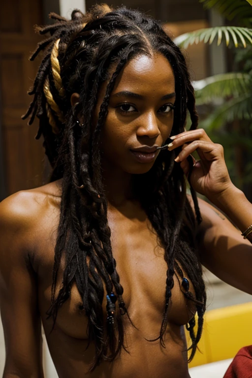 sexy black Caribbean female with dreads smoking weed