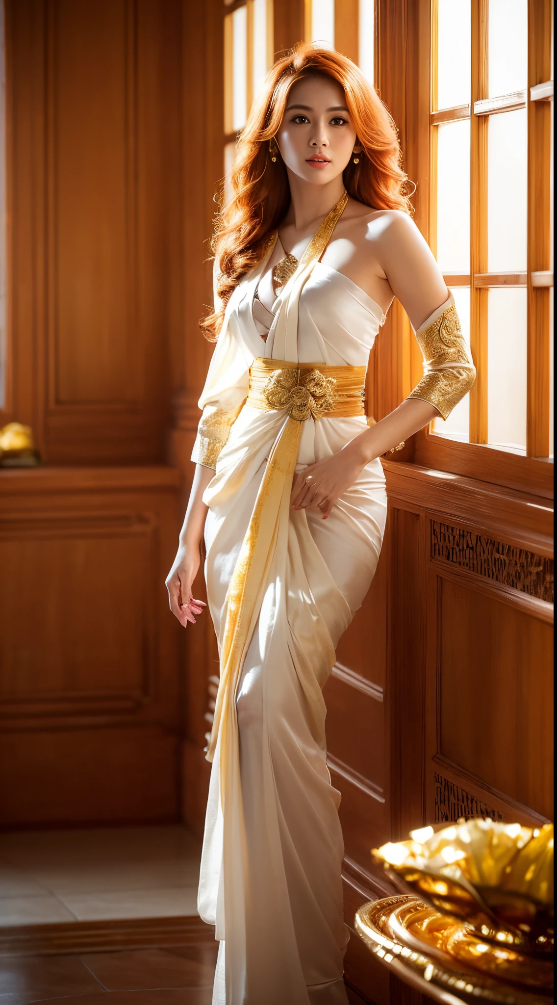 Photorealistic Production, (One Person), (Realistic Image of a 25 Years Old Japanese Female Model), (Shoulder-level Wavy Ginger Hair:1.6), (Athletic Body Builds:1.4), (Pale Skin:1.4), (Wearing a White Ornated Kebaya Dress with Silk Cloth and Golden Jeweleries:1.6), (Serious Face), (Deep Cleavage), (Elegant Pose:1.6), Centered, (Waist-up Shot:1.4), From Front Shot, Insane Details, Intricate Face Detail, Intricate Hand Details, Cinematic Shot and Lighting, Realistic Colors, Masterpiece, Sharp Focus, Ultra Detailed, Taken with DSLR camera, Realistic Photography, Depth of Field, Incredibly Realistic Environment and Scene, Master Composition and Cinematography