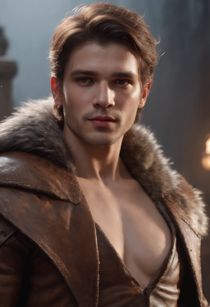 (Professional 3D Rendering:1.3) in the (Realistic:1.3) The most beautiful artwork photos in the world,Features soft and shiny male heroes, ((Epic Hero Fantasy Muscle ManRough Wet Hero Angry Long Hair Short Beard and Ferocious Expression in Dynamic Pose, fantastic location, majestic cluttered environment)), Full body 8K unity rendering, action SHOT, skin pore, Very dark lighting, Heavy shading, Detailed, Detailed face, (Vibrant, photos realistic, Realistic, Dramatic, Dark, Sharp Focus, 8K), (Old leather garments damaged by weathering:1.4), ((((Wear fur)))), (Convoluted:1.4), Decadent, (Highly detailed:1.4), Digital Painting, rendering by octane, art stations, concept-art, Smooth, Sharp Focus, Illustration, Art Germ, (Roisch:0.23), Vlop Ilya Kuvshinov, Gregg Rutkowski and Alphonse Mucha Gracias, (Global Illumination, studio lights, volumettic light), Heavy rain, particles floating, lotr, Fantasy, elf, full body Esbian, ((Dark ancient city background:1.3)),CG Sessa,art stations