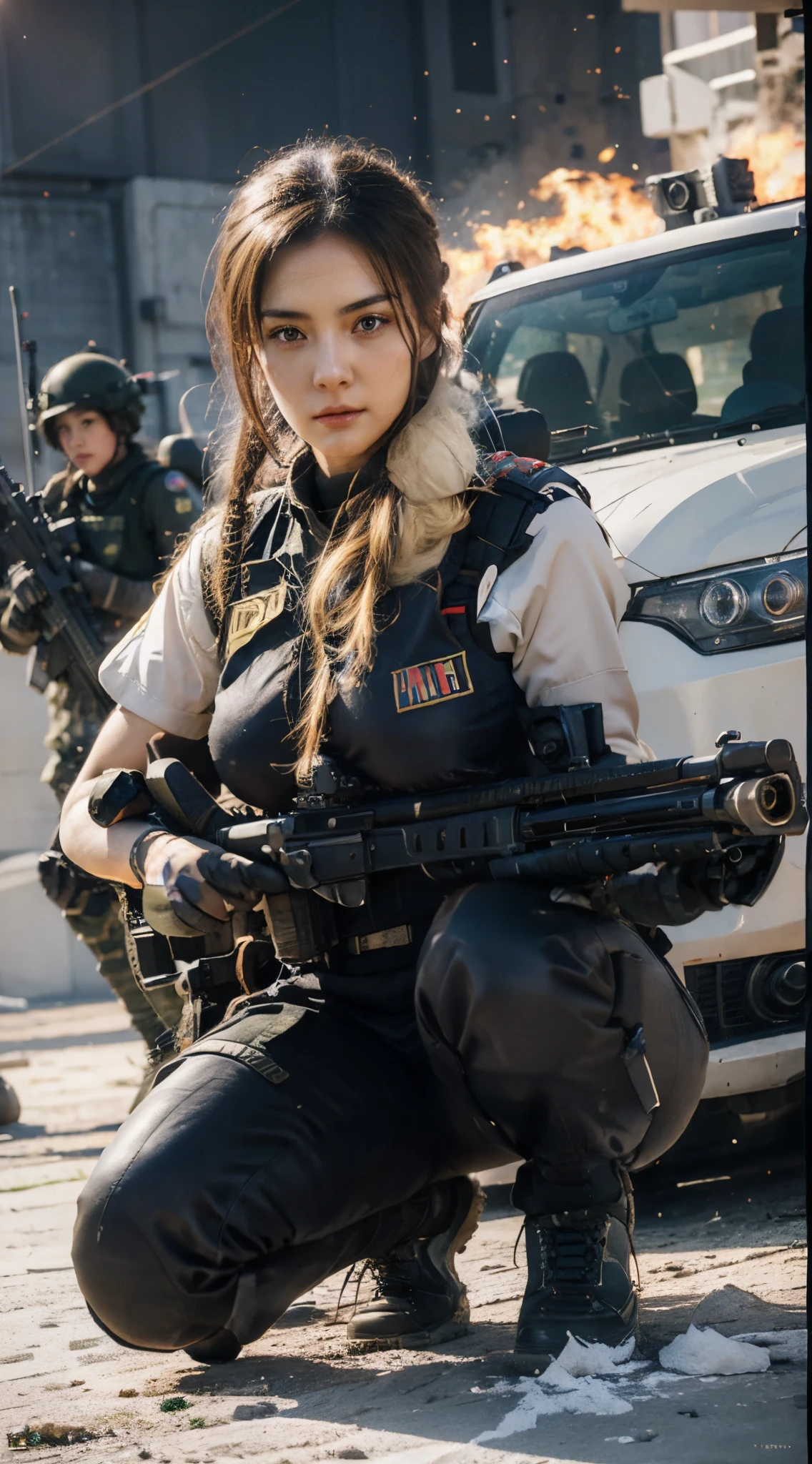 arafed woman in military uniform posing with a fire rifle,, infantry girl, military girl, soldier girl, beautiful female soldier, (big breasts), mechanical soldier girl, deviantart cgscosiety art station, beautiful digital artwork, guweiz style artwork, ross  tran 8 k, cgsociety high definition, cgsociety amazing