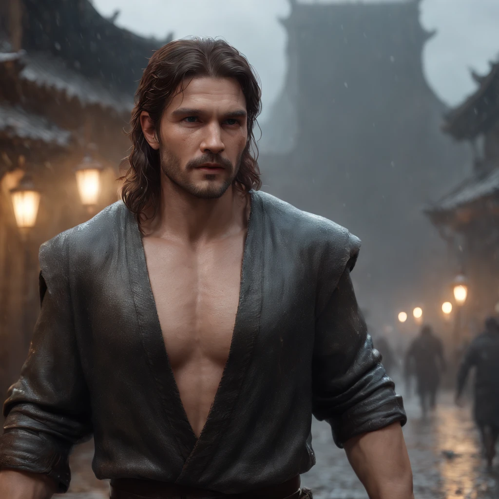(Professional 3D Rendering:1.3) De (Realistic:1.3) The most beautiful art photos in the world,Soft features, Bright male hero, ((epic hero fantasy rough muscle man wet hero angry long hair short beard and fierce look in dynamic pose, fantastic location, majestic cluttered environment)), Full-body 8K unit rendering, action SHOT, Skin pores, Very dark lighting, Dark shading, detailliert, 详细的脸, (vibrating, photos realistic, Realistic, Dramatic, murky, foco nítido, 8K), (Old leather clothes damaged by bad weather:1.4), ((((Use skins)))), (Convoluted:1.4), decadent, (ighly detailed:1.4), digitial painting, rendering by octane, art stations, concept-art, suave, foco nítido, Illustration, Germ from art, (Roisch:0.23), Vlop Ilya Kuvshinov, e Gregg Rutkowski e Alphonse Mucha Gracias, (globalillumination, studio lights, Light Volumetric), very heavy rain, Floating particles, lotr, Fantasia, my, Intellosbians, ((Dark ancient city background:1.3)),CG Series,art stations