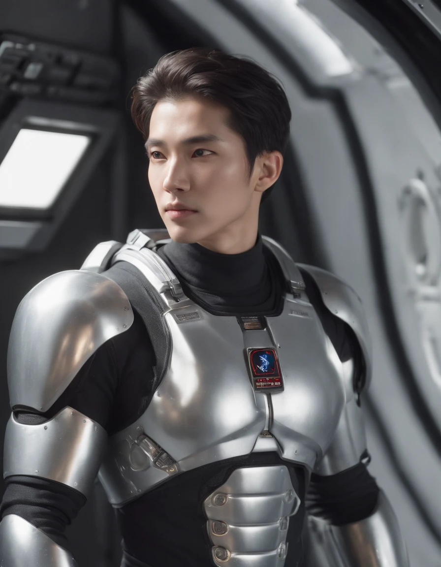 1man, Handsome, muscular, A hyper-realistic, ​masterpiece, top-quality, Highly detailed wide angle, top-quality, 8K, natural soft light, Soft lighting, sunlights, ( Full body photo of 1 person,quarter view,In the cockpit of a spacecraft,  yui, beautidful eyes, Long straight black hair, Uses detailed liquid metal full body armor , shiny core, 发光:1.3).(Futuristic space station on background:1.4) nffsw (High dymanic range), Maximum clarity and sharpness, Multilayer Texture, Photorealista, A hyper-realistic, Hyperdetalad, analog style,  Soft lighting, Dispersion of subsoil, realist, heavy shades, ​masterpiece, top-quality, A hyper-realistic, 8K, Proportions Aurea, Convoluted, high detailing, Cinematic cinematic pictures, softfocus, ,GH3A,Run 4