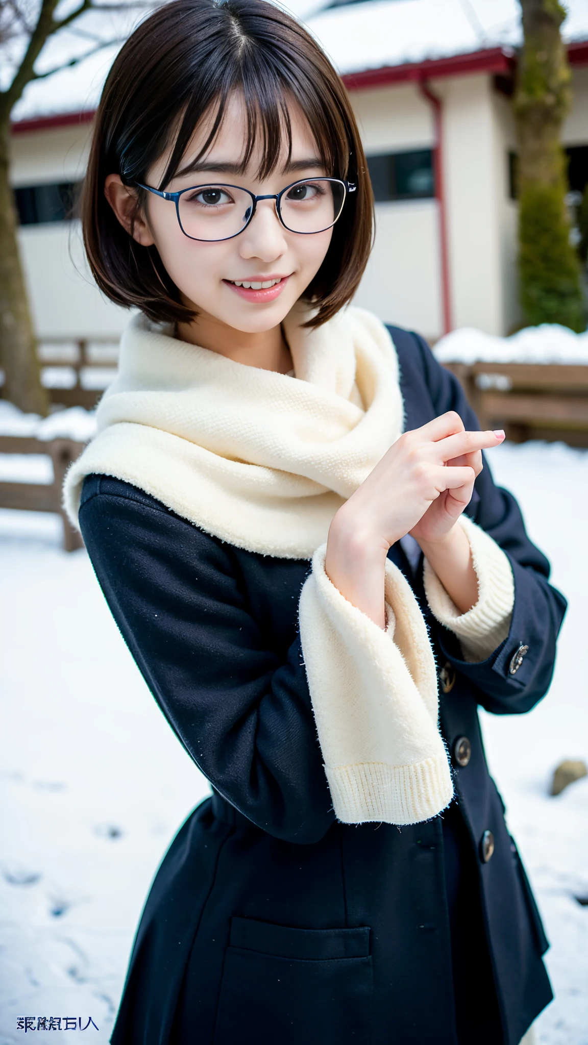 top-quality, masutepiece, 超A high resolution, (Photorealistic:1.4), Raw photo, A highly detailed, perfect anatomia,
In the winter schoolyard,
1girl in, ((15yo student)), most popular japanese idols, (Wearing Japanese high school winter clothes, Cute design muffler, cute design glasses), Face Focus, close-up, Innocent smile, Looking at Viewer, Very beautiful attractive butt pointing upwards,
Very cute face like the most famous Japanese idol, very beautiful big black firm eyes, very beautiful black short cut hair, very beautiful realistic white skin, very beautiful wet lips,
Detailed glasses, Detailed Japanese high school winter uniforms, Cute muffler with detailed design