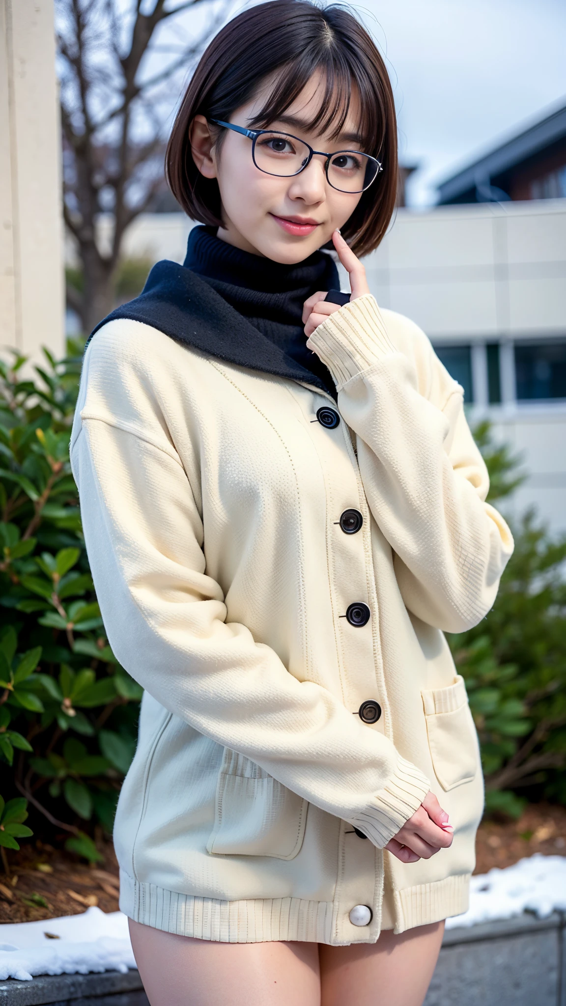 top-quality, masutepiece, 超A high resolution, (Photorealistic:1.4), Raw photo, A highly detailed, perfect anatomia,
In the winter schoolyard,
1girl in, (()), most popular japanese idols, (Wearing Japanese high school winter clothes, Cute design muffler, cute design glasses), Face Focus, close-up, Innocent smile, Looking at Viewer, Very beautiful attractive butt pointing upwards,
Very cute face like the most famous Japanese idol, very beautiful big black firm eyes, very beautiful black short cut hair, very beautiful realistic white skin, very beautiful wet lips,
Detailed glasses, Detailed Japanese high school winter uniforms, Cute muffler with detailed design