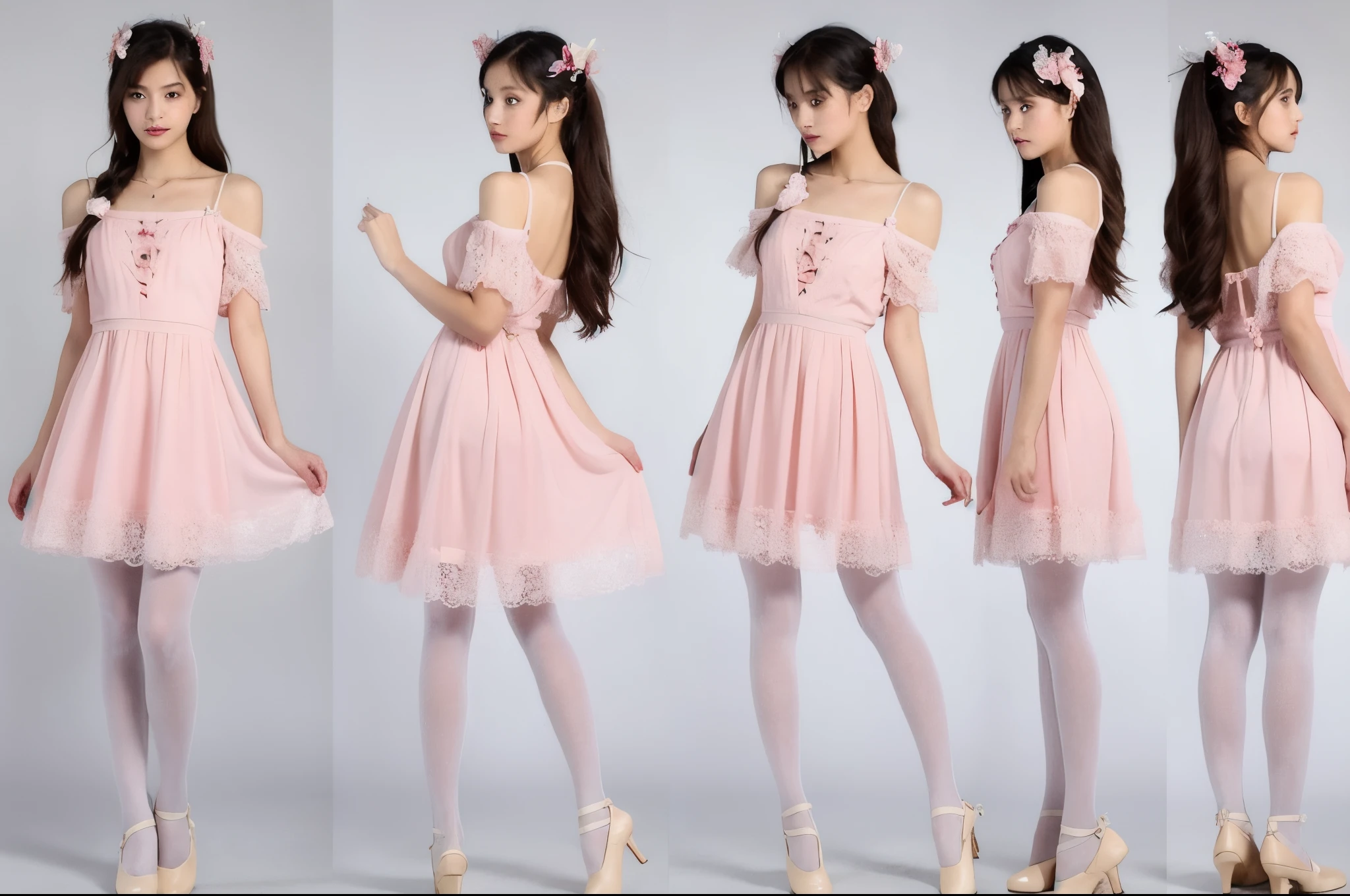 ((reference sheet)), A realistic, detailed art , featuring a girl with a 7-head body proportion and super long twintails reaching waist length. She is wearing an off-shoulder, spaghetti strap light pink dress adorned with floral patterns and small strawberry designs, with lace trim at the neckline. She is also paired with plain white tights (pantyhose). The artwork should include front and back full body views, a clear view of her feet in ballet flats with butterfly bows and diamonds, and a detailed close-up of her face and shoes, similar to a previous depiction but with a different perspective or pose.