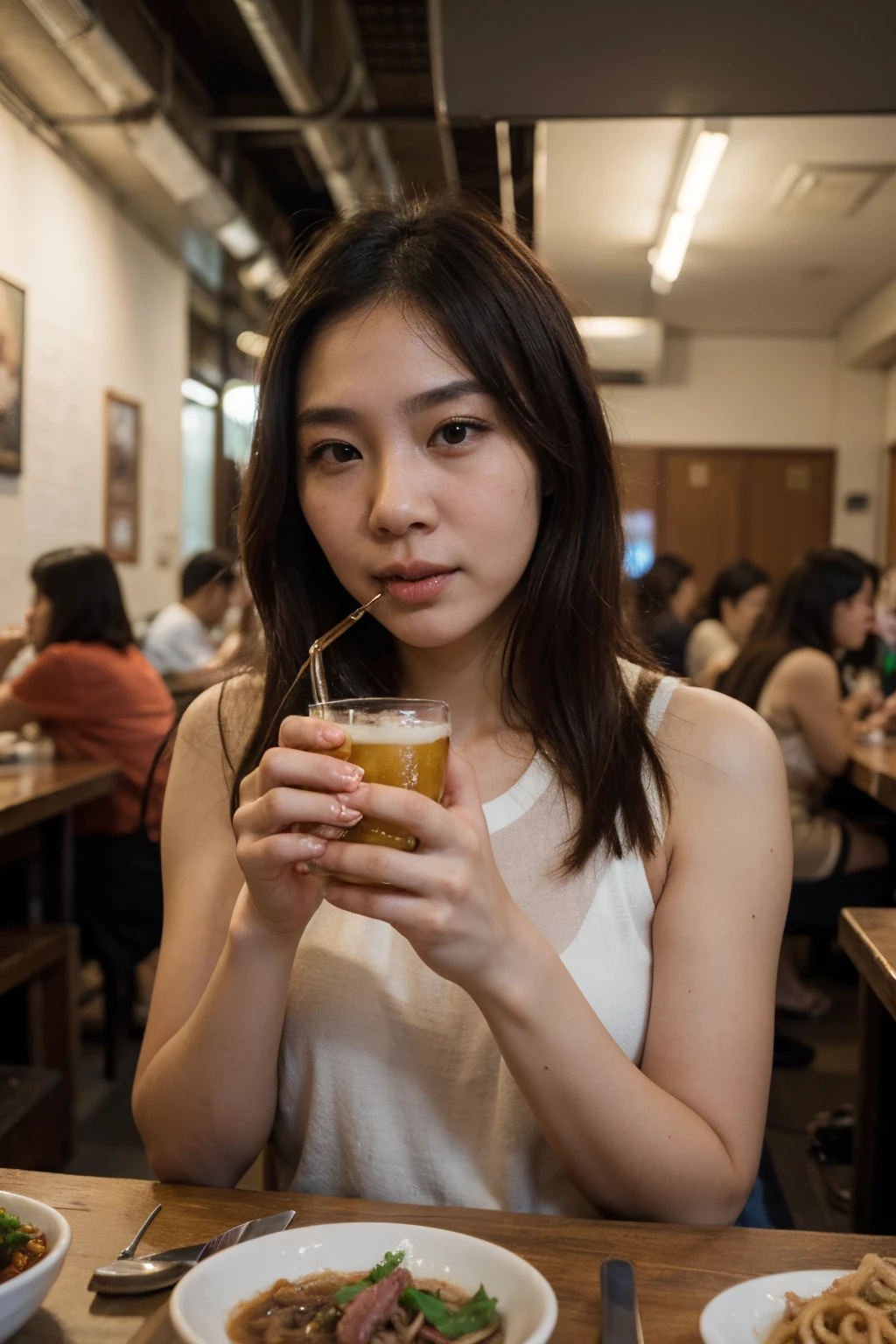 ((best quality)), ((masterpiece)), (detailed), perfect face, photorealistic, taiwanese girl, eating beef noodle, taiwan, instagram, with friends, foreigners, drinking beer