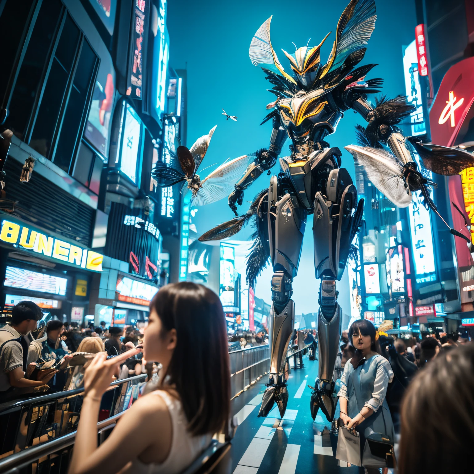 insect shells and legs、Compound、Realistic robot made of feathers、13 meters tall、are flying、realistic landscape、Not anime illustration-like、Real-life scenery、Best Quality、a scene from a movie、spectacle、Flying over Shinjuku、Realistic texture、Dull color、