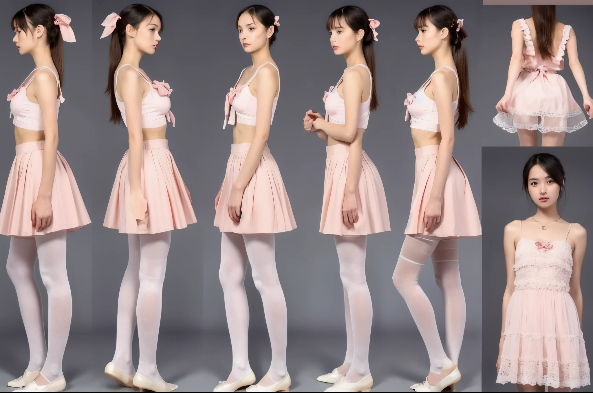 ((reference sheet)), A realistic one, detailed art , Seven-head body ratio、A girl with super long twin tails reaching her waist. She is wearing a strapless dress, Light pink dress with spaghetti straps，Decorated with floral pattern and small strawberries, Lace trim at neckline. She also paired it with pure white tights (lacepantyhose). Artwork should include full-body views from the front and back, Her feet in bows and diamond ballet flats are clearly visible, and detailed close-ups of her face and shoes., Similar to previous description，But the perspective or posture is different.