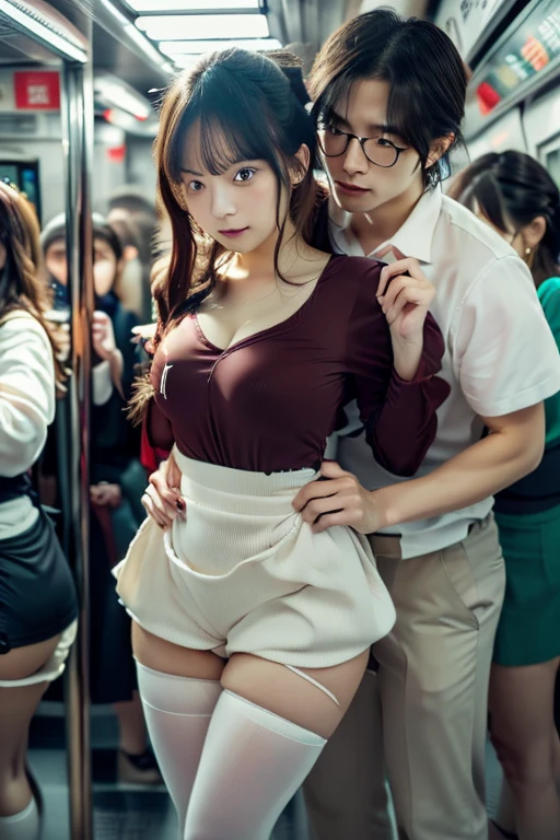 (SFW), ((photorealistic)), (masterpiece), (best quality:1.3), absurdness, [:intricate details1.3], SFW, realistic, masterpiece, (VERY crowded subway train interior detailed scenario, VERY crowded subway train interior detailed background), standing insanely hot (young small girl1) using sexy ((skirt)), ((behind skirt lifted)), ((3/4 white stockings, big ass)), ((thick thighs)), (fear expression), (blushed face), (perfect body proportions)), old small man ass groping young small girl 1 from behind, (((old small man pressing his chest on young woman 1 back))) and (((holding her waist behind her)))