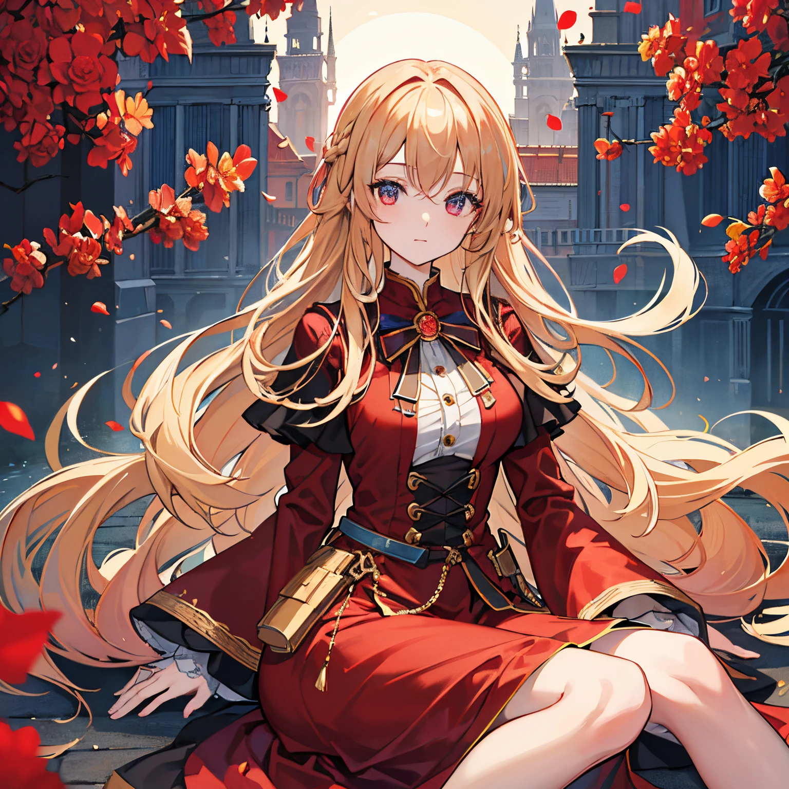in 8K)、top-quality、超A high resolution、ciinematic light、Red petals fall、Medieval European-style cityscape、(((1人の女性)))、（Long curly blonde hair、Eyes are red、Cool、dress and brooch、a cool、Bewitching look）、​masterpiece、best qualtiy、Beautifully painted、A highly detailed、Photograph the whole body、
