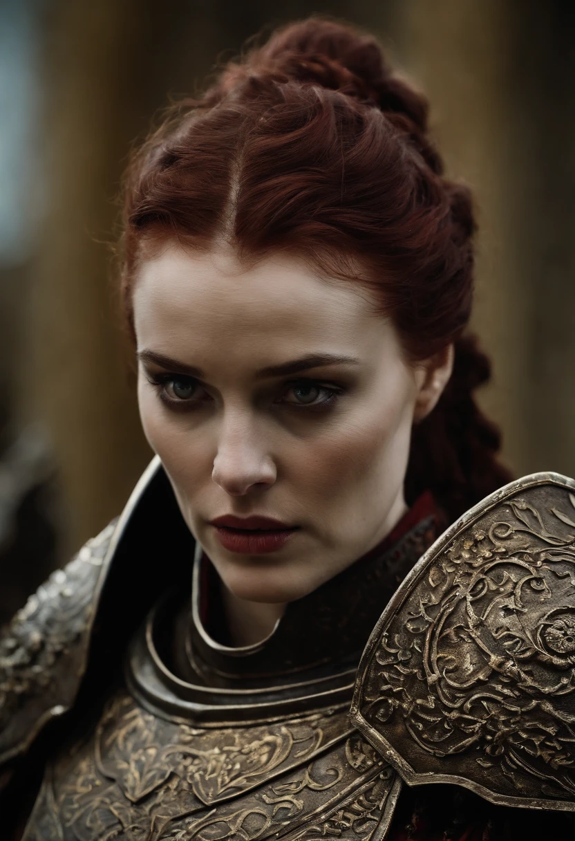 A close-up of the zombie knight carefully laying out her armor and weapons for inspection, with a determined look in her eyes.,Game of Thrones TV series,7 feet tall, dead skin, red eyes. the mountain, gregor clegane from game of thrones, male
