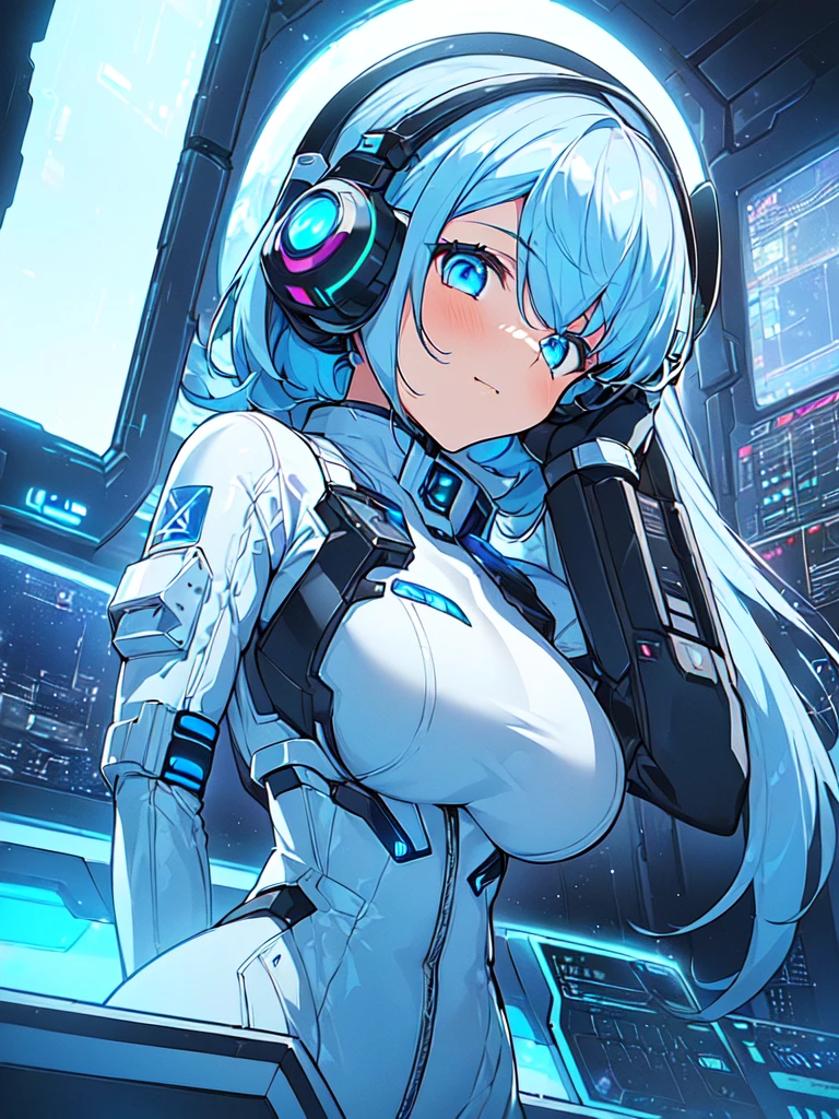 ​masterpiece:1.4, 1girl in ((20yr old, Wearing a futuristic white and silver costume, Tight Fit Bodysuit, long boots, Very gigantic-breasts, Colorful blue hair, a short bob, Perfect model body, Blue eyes:1.2, Wearing headphones, Looking out the window of the futuristic sci-fi space station、While admiring the beautiful galaxy:1.2, SFSF control room on night background:1.1, Neon and energetic atmosphere:1.2)) ((Galaxy))